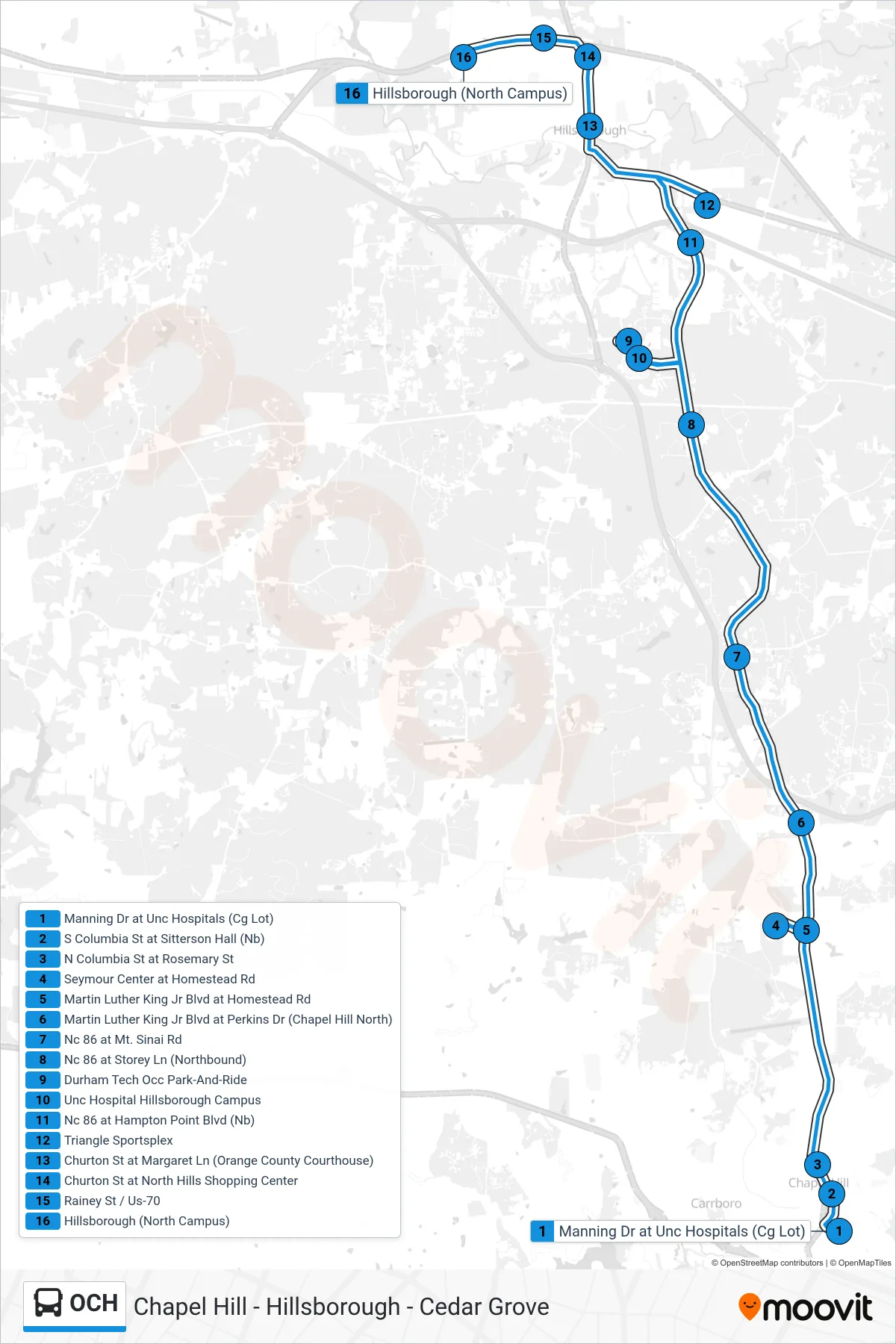 OCH bus Line (Chapel Hill - Hillsborough - Cedar Grove) route and stops on a map