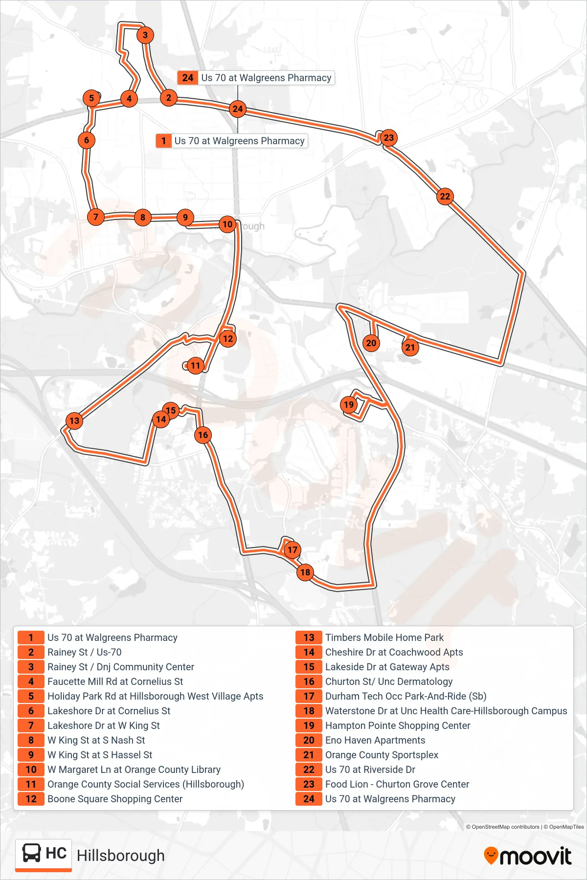 HC bus Line (Hillsborough) route and stops on a map