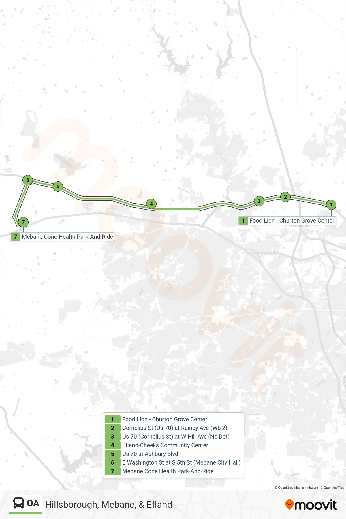 OA bus Line (Hillsborough, Mebane, & Efland) route and stops on a map