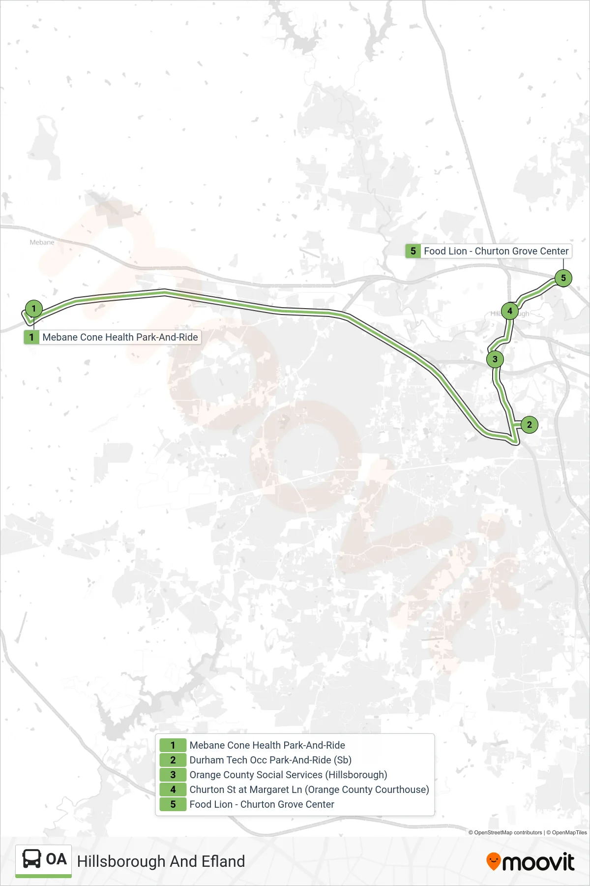 OA bus Line (Hillsborough And Efland) route and stops on a map