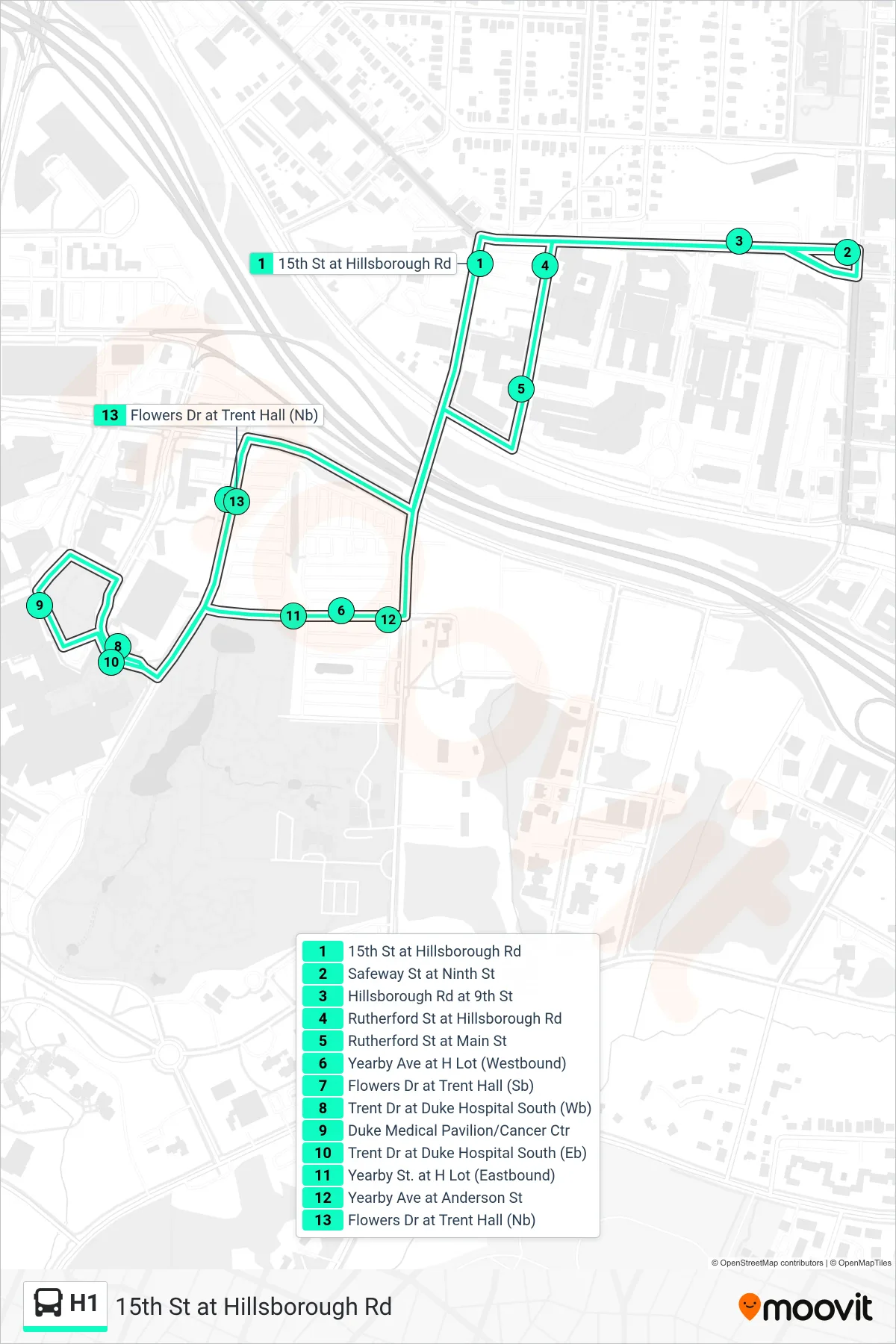 H1 bus Line (15th St at Hillsborough Rd) route and stops on a map
