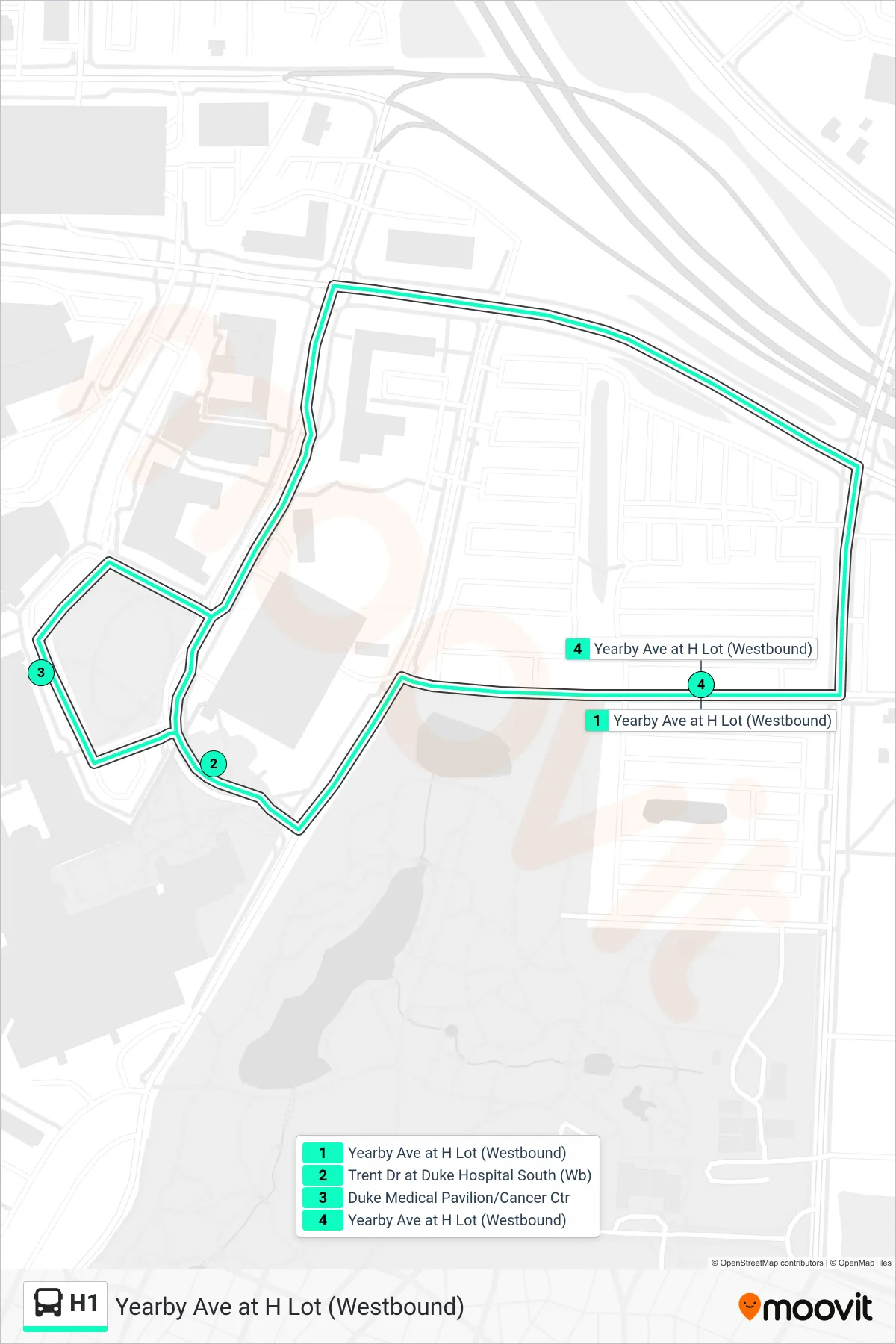 H1 bus Line (Yearby Ave at H Lot (Westbound)) route and stops on a map