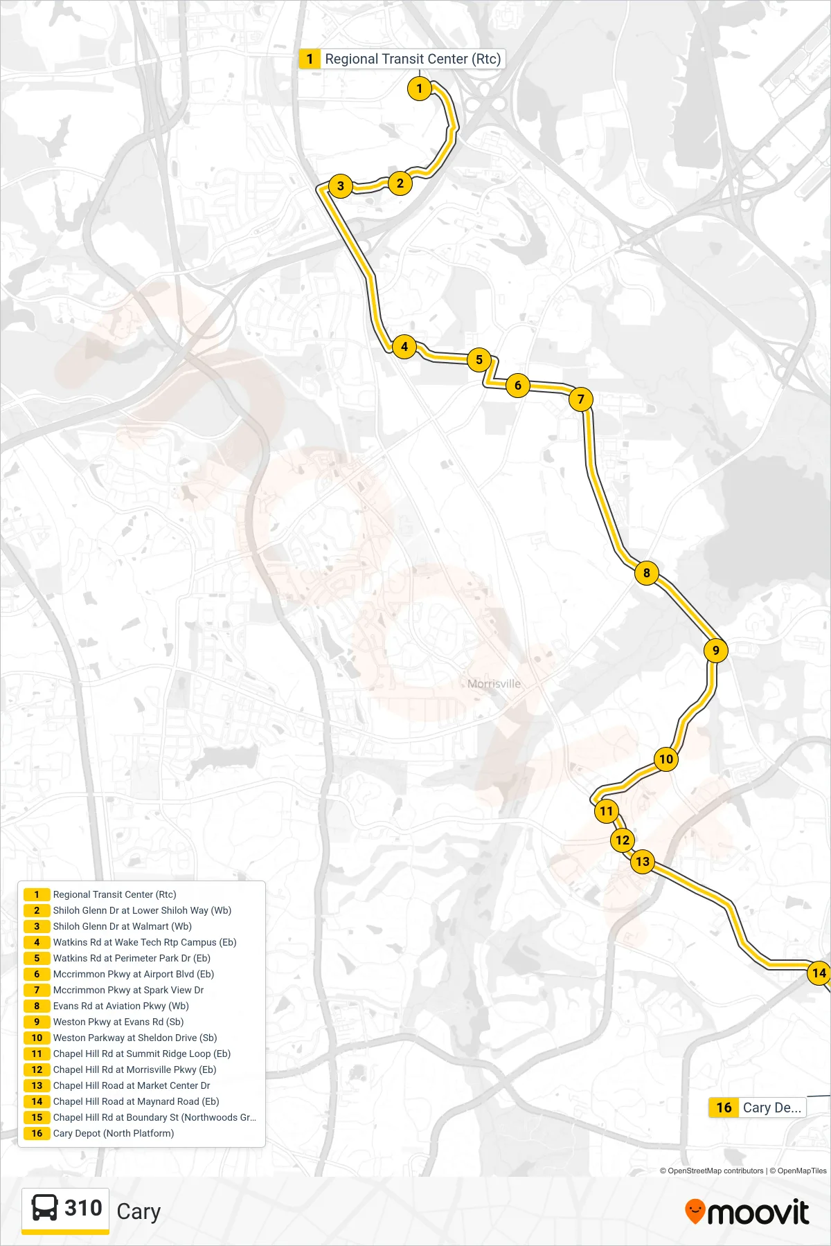 310 bus Line (Cary) route and stops on a map