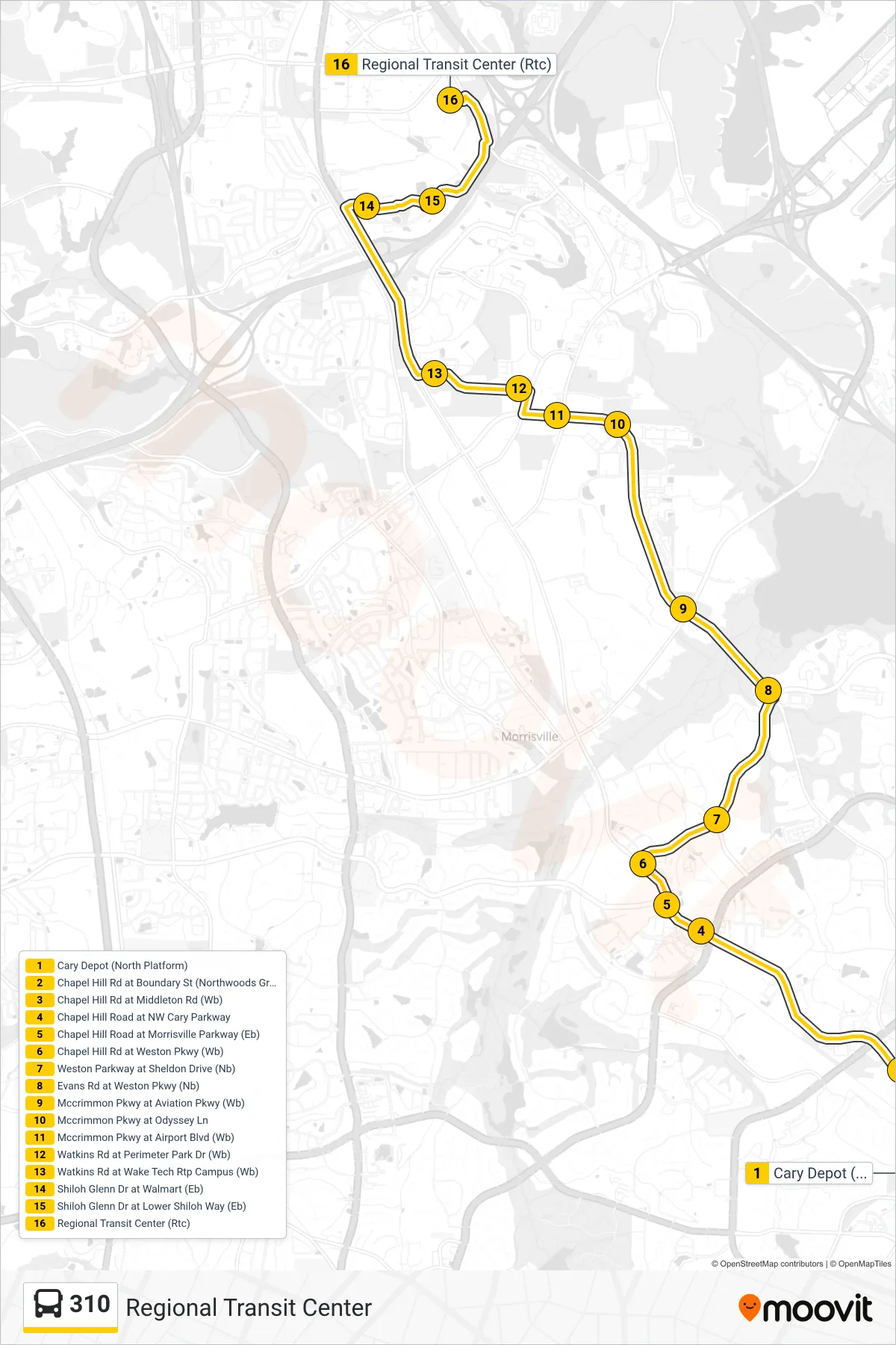 310 bus Line (Regional Transit Center) route and stops on a map