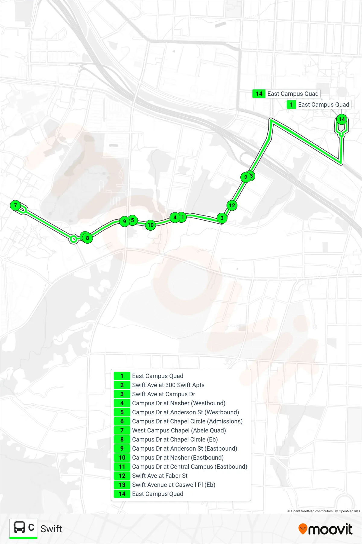 C bus Line (East Campus Quad) route and stops on a map