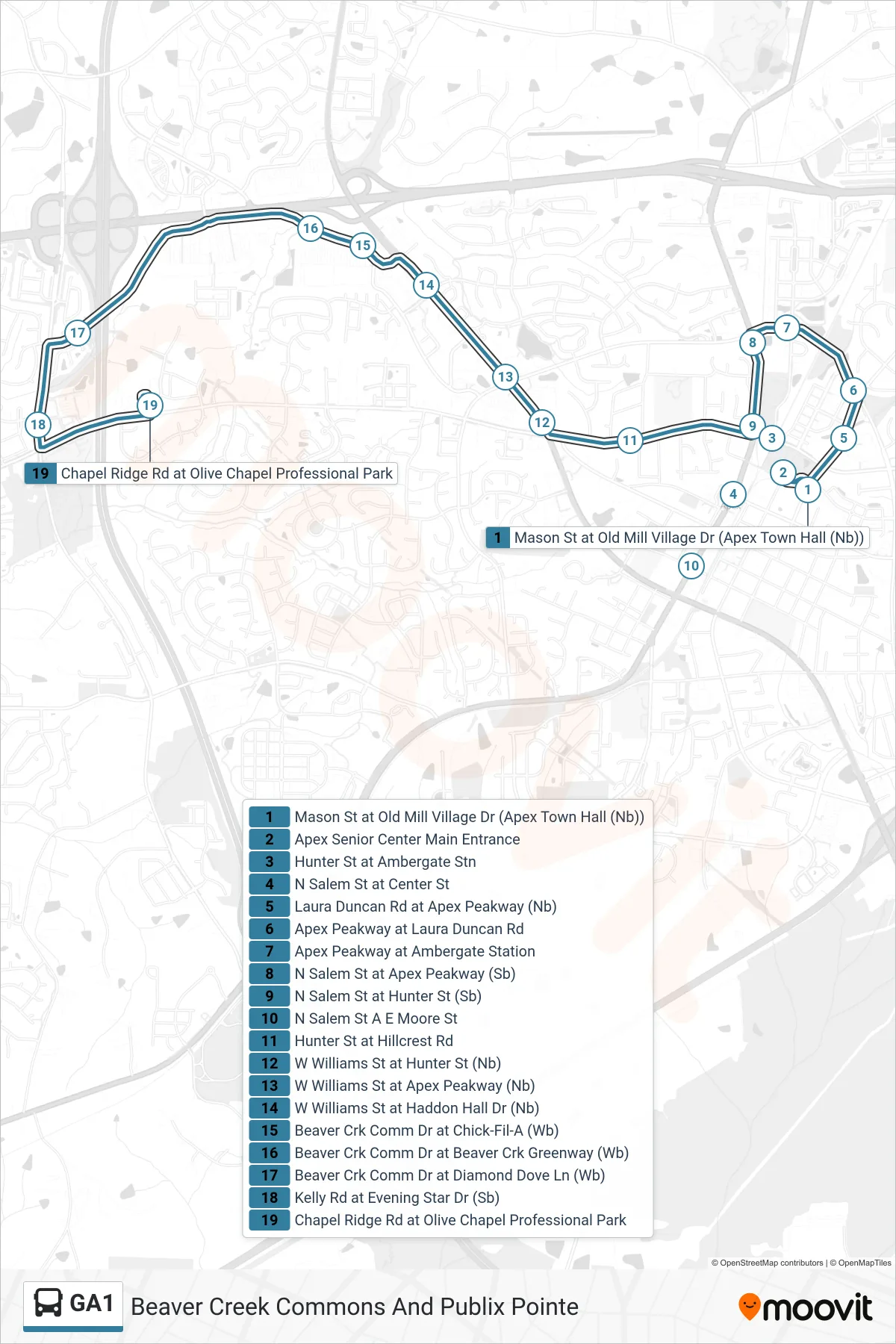 GA1 bus Line (Beaver Creek Commons And Publix Pointe) route and stops on a map