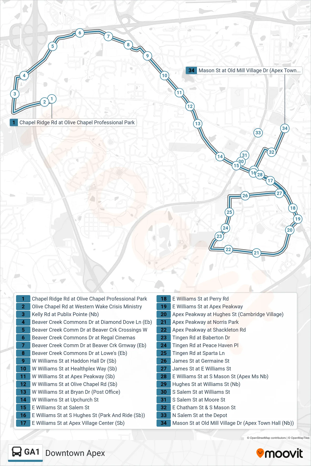 GA1 bus Line (Downtown Apex) route and stops on a map