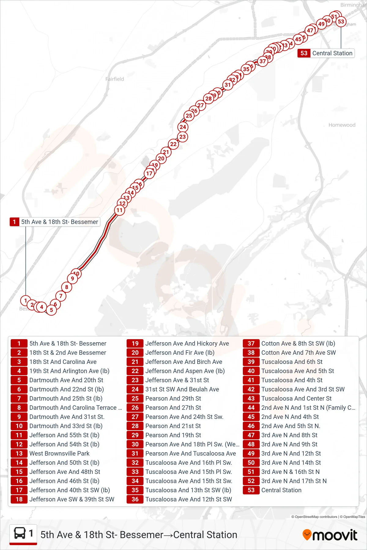 1 bus Line (5th Ave & 18th St- Bessemer→Central Station) route and stops on a map
