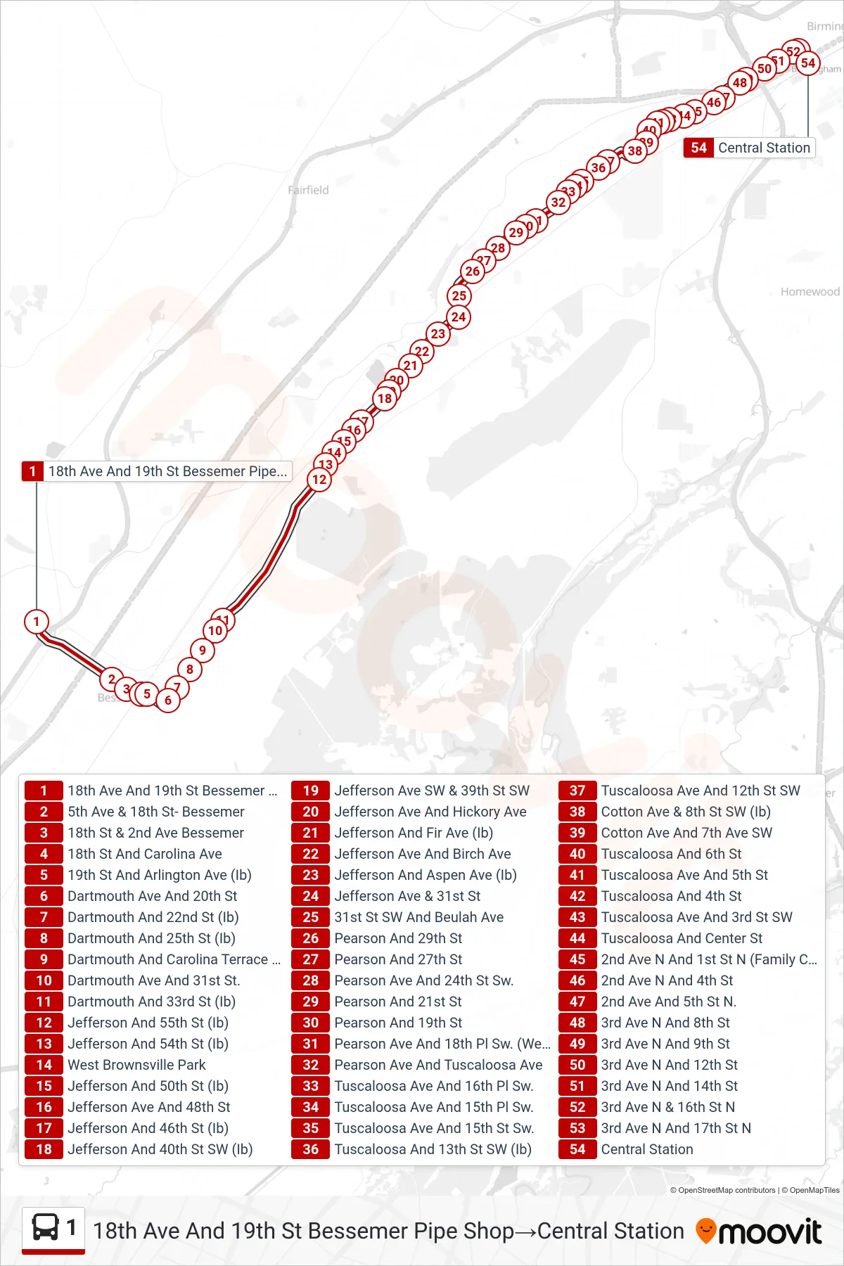 1 bus Line (18th Ave And 19th St Bessemer Pipe Shop→Central Station) route and stops on a map
