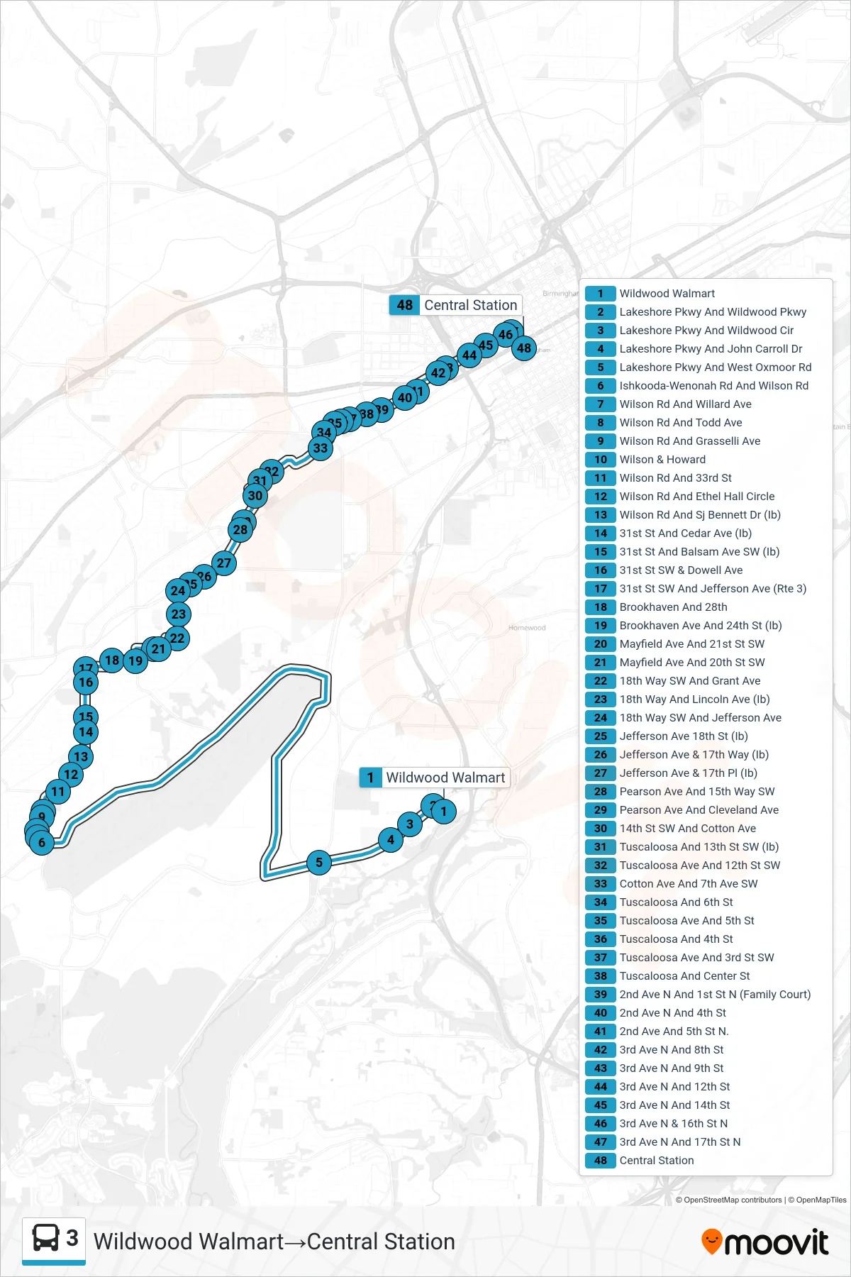 3 bus Line (Wildwood Walmart→Central Station) route and stops on a map