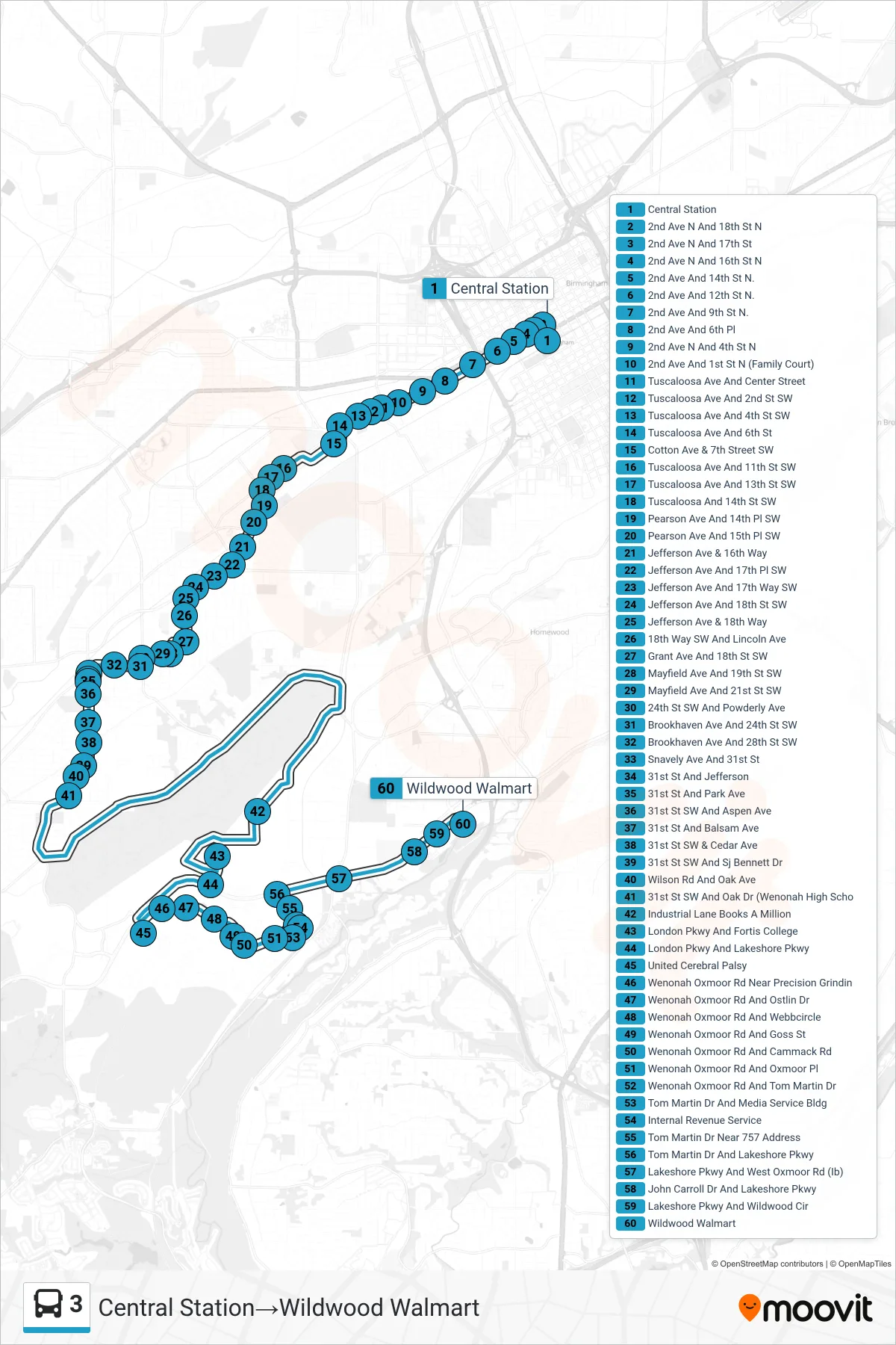 3 bus Line (Central Station‎→Wildwood Walmart) route and stops on a map