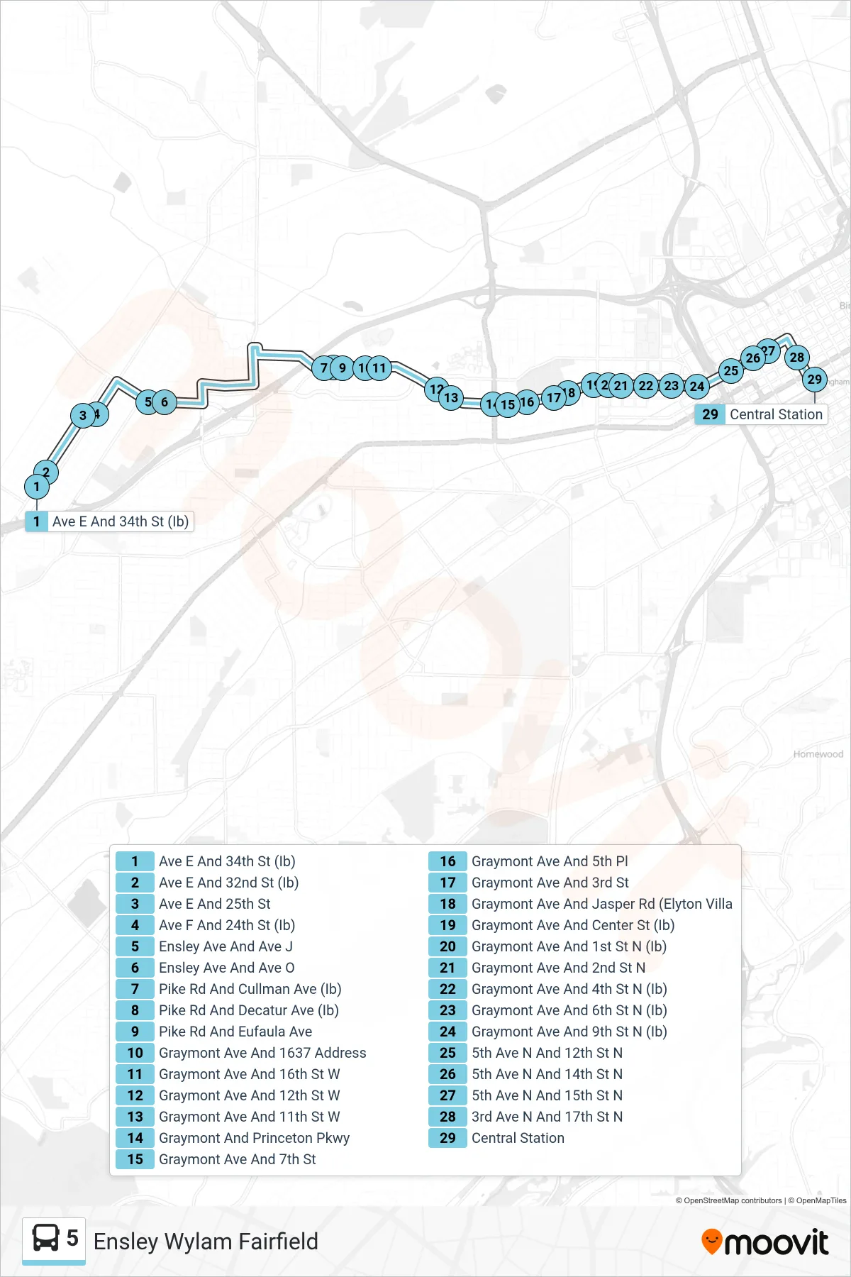 5 bus Line (Ave E And 34th St (Ib)→Central Station) route and stops on a map