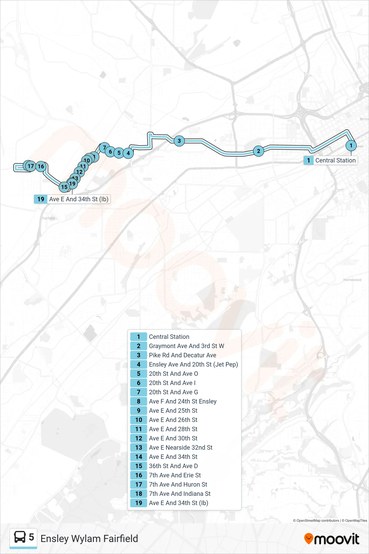 5 bus Line (Central Station‎→Ave E And 34th St (Ib)) route and stops on a map