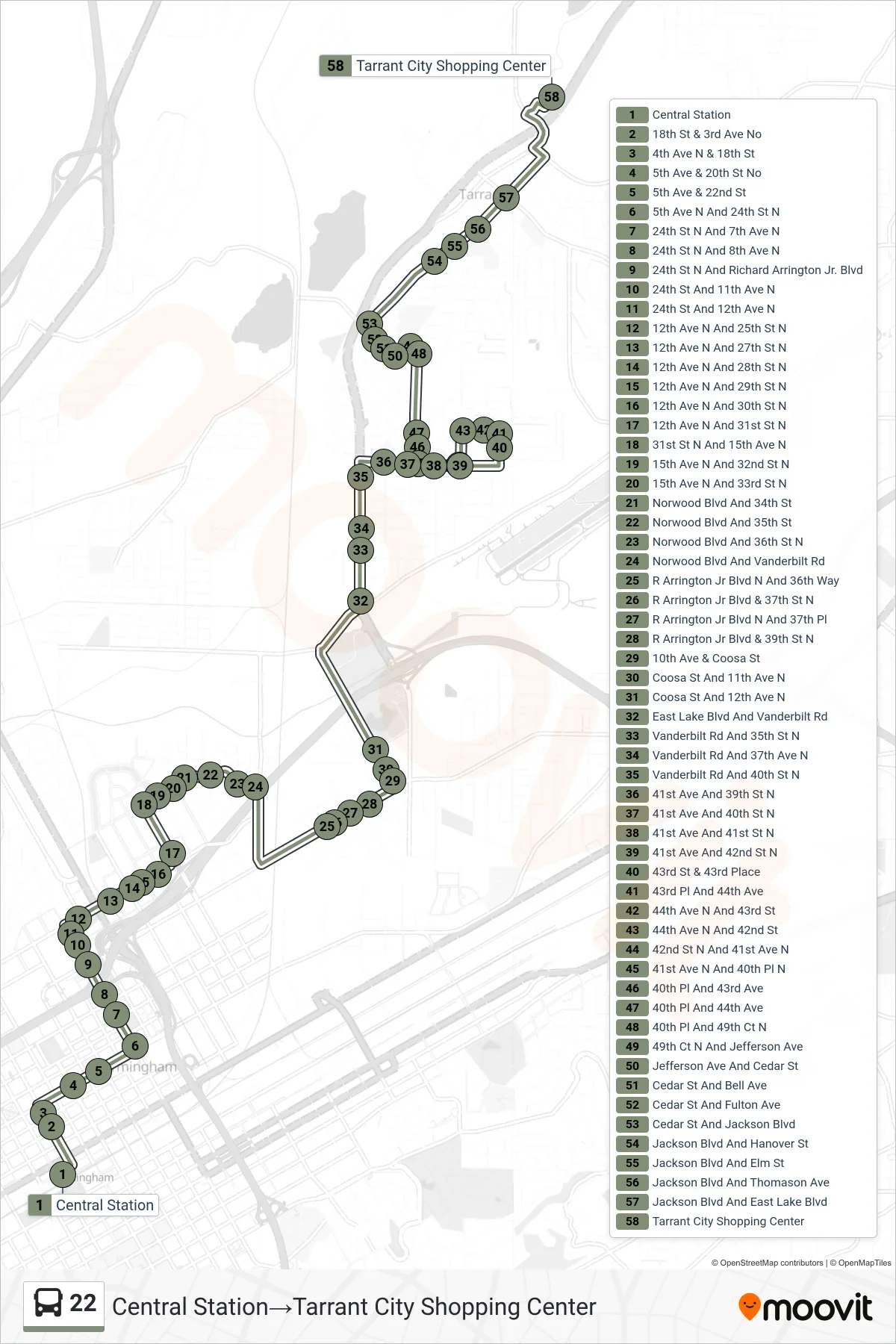 22 bus Line (Central Station→Tarrant City Shopping Center) route and stops on a map