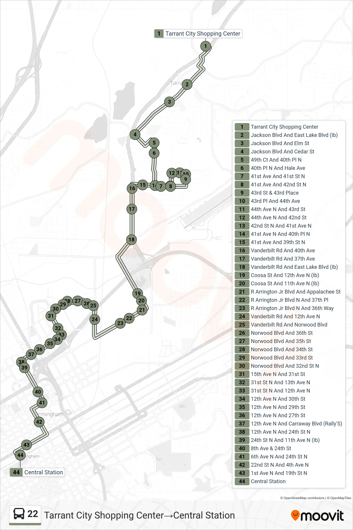 22 bus Line (Tarrant City Shopping Center→Central Station) route and stops on a map