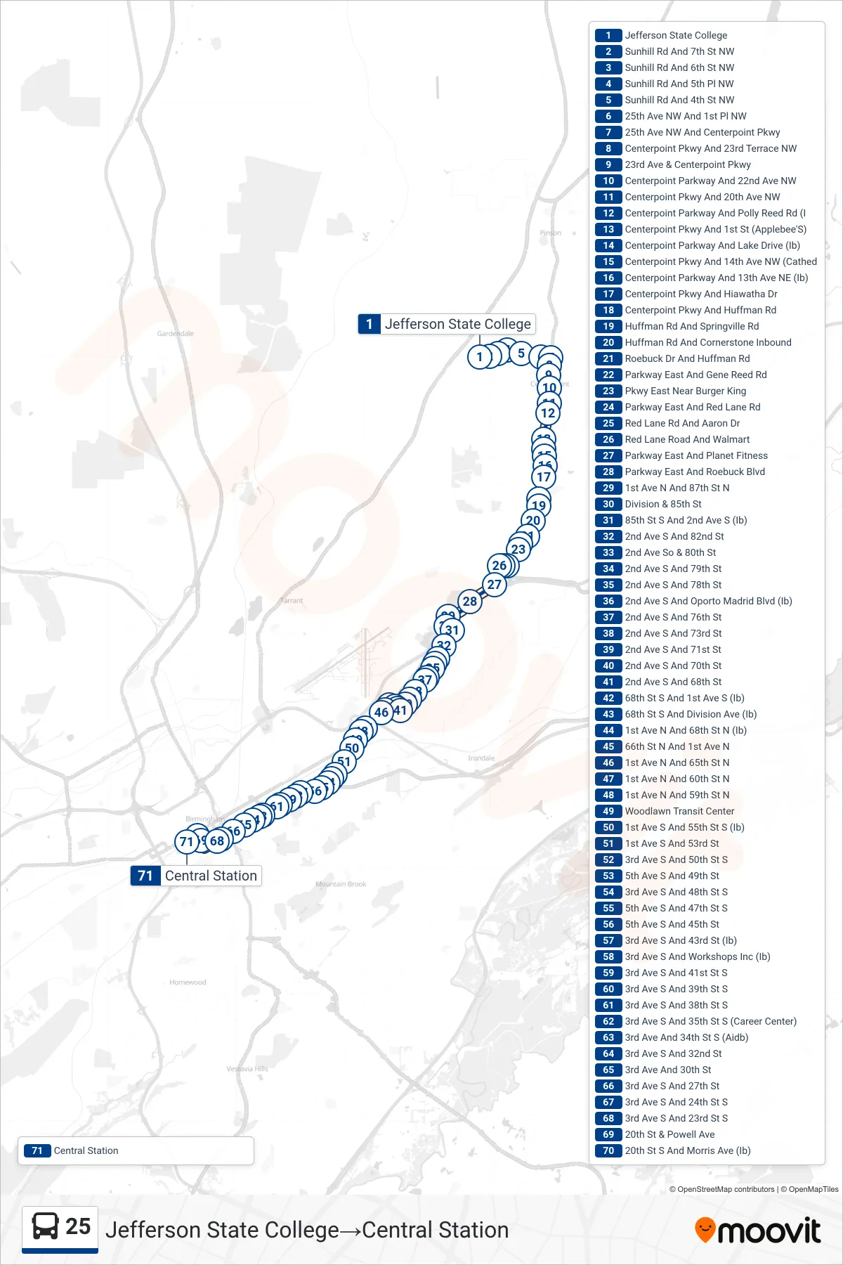 25 bus Line (Jefferson State College→Central Station) route and stops on a map
