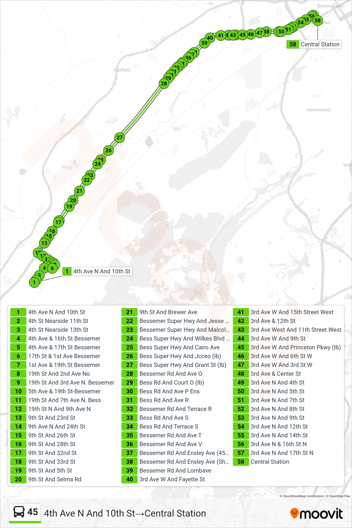 45 bus Line (4th Ave N And 10th St→Central Station) route and stops on a map