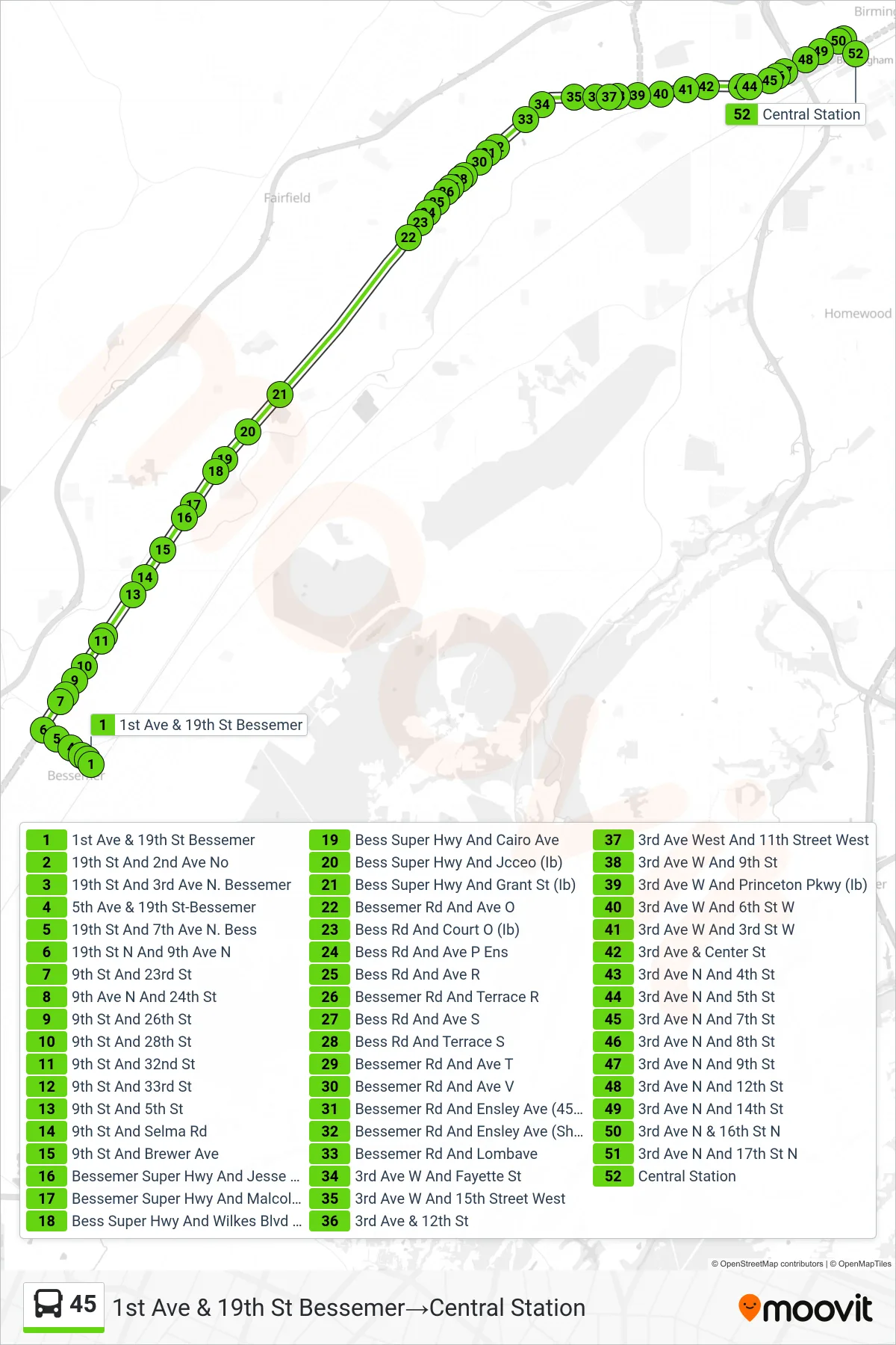 45 bus Line (1st Ave & 19th St Bessemer‎→Central Station) route and stops on a map