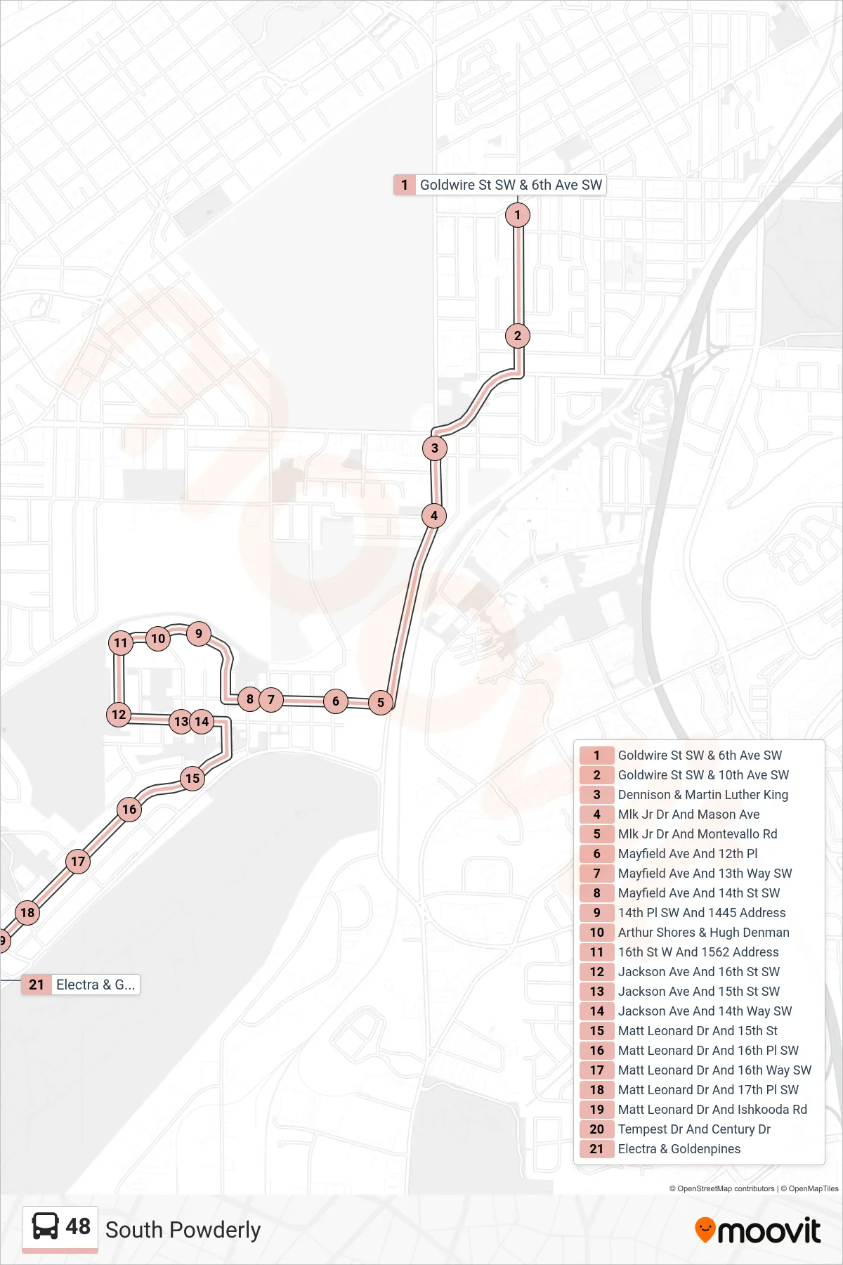 48 bus Line (Goldwire St SW & 6th Ave SW→Electra & Goldenpines) route and stops on a map