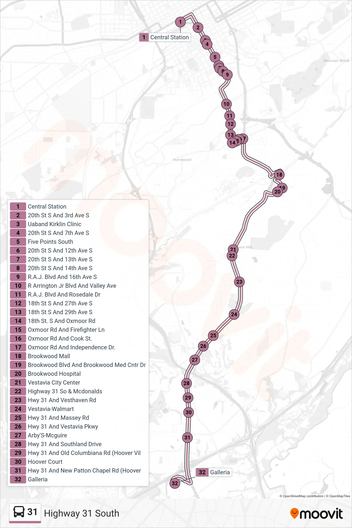 31 bus Line (Central Station‎→Galleria) route and stops on a map