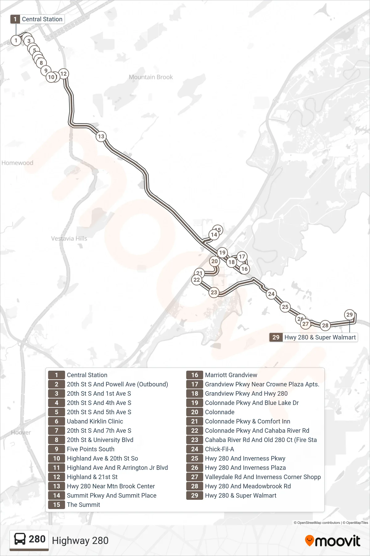 280 bus Line (Central Station→Hwy 280 & Super Walmart) route and stops on a map
