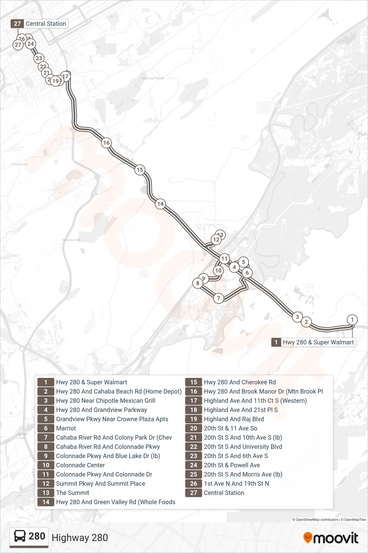 280 bus Line (Hwy 280 & Super Walmart→Central Station) route and stops on a map