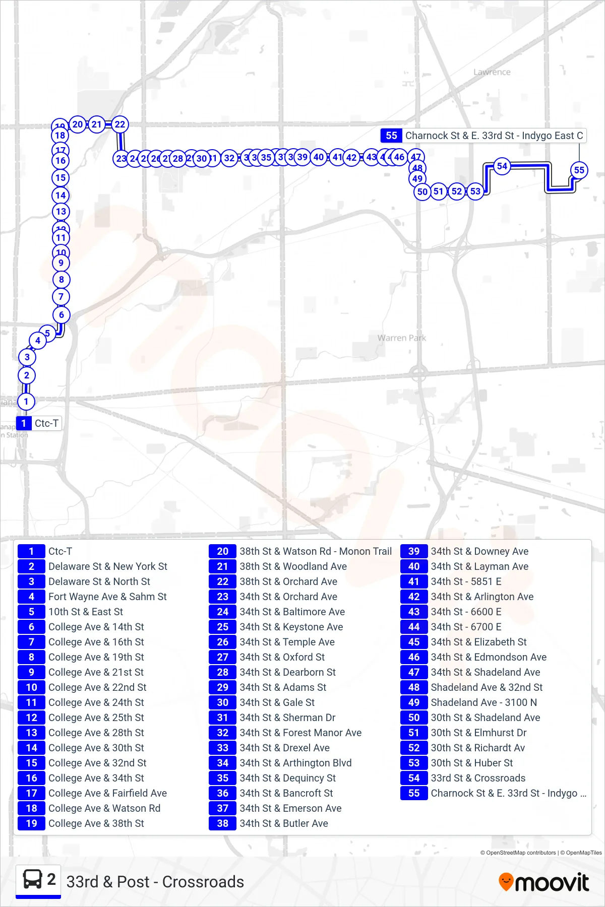 2 bus Line (33rd & Post - Crossroads) route and stops on a map