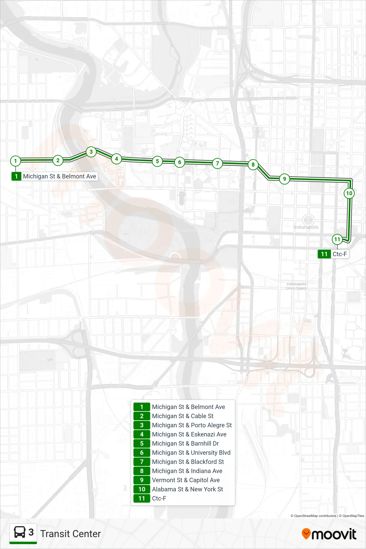 3 bus Line (Transit Center) route and stops on a map