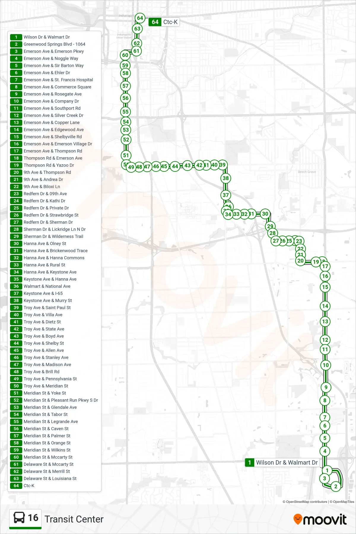 16 bus Line (Transit Center) route and stops on a map
