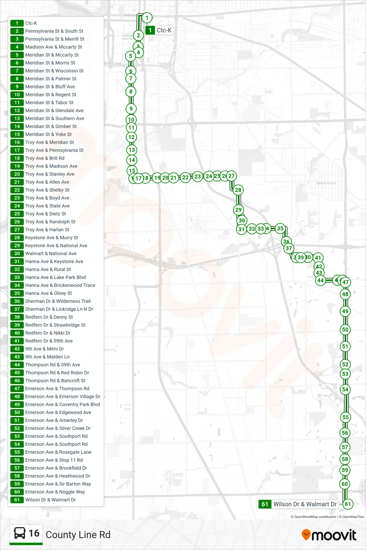 16 bus Line (County Line Rd) route and stops on a map