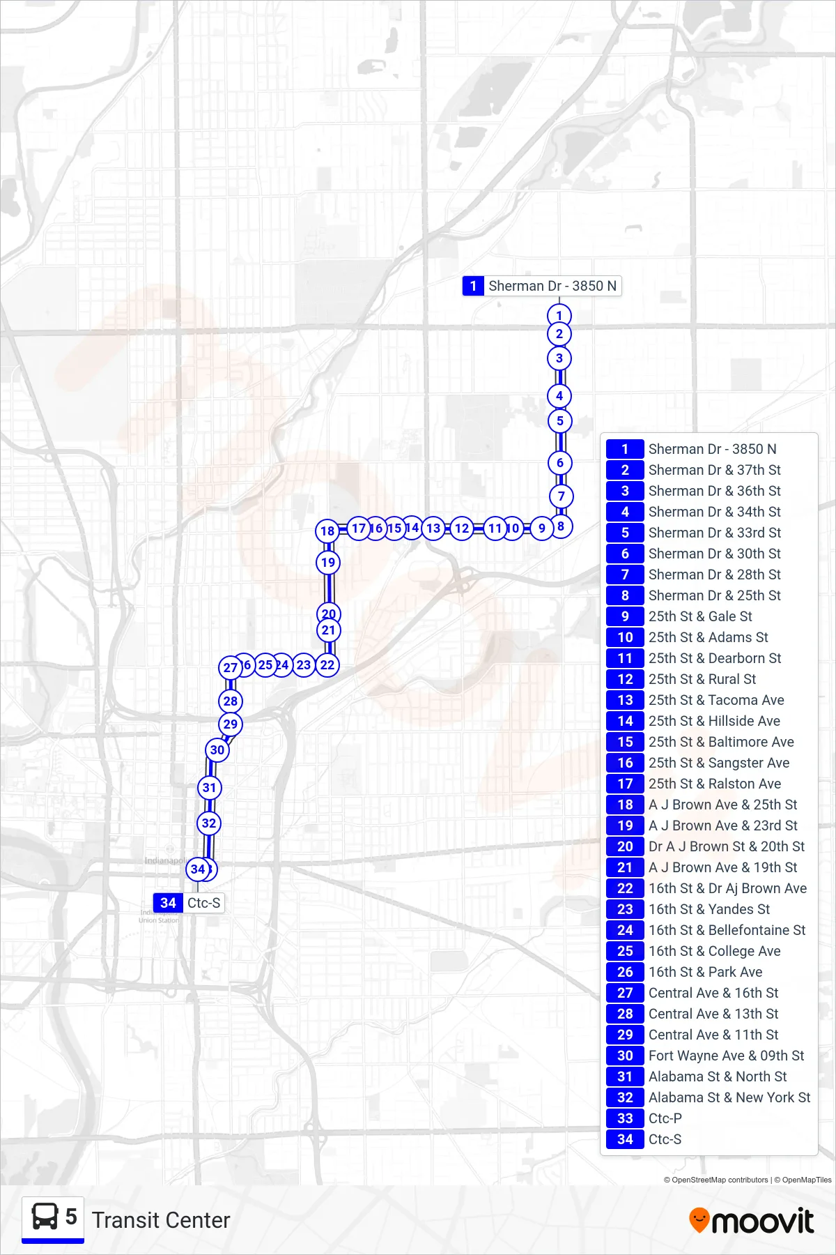 5 bus Line (Transit Center) route and stops on a map