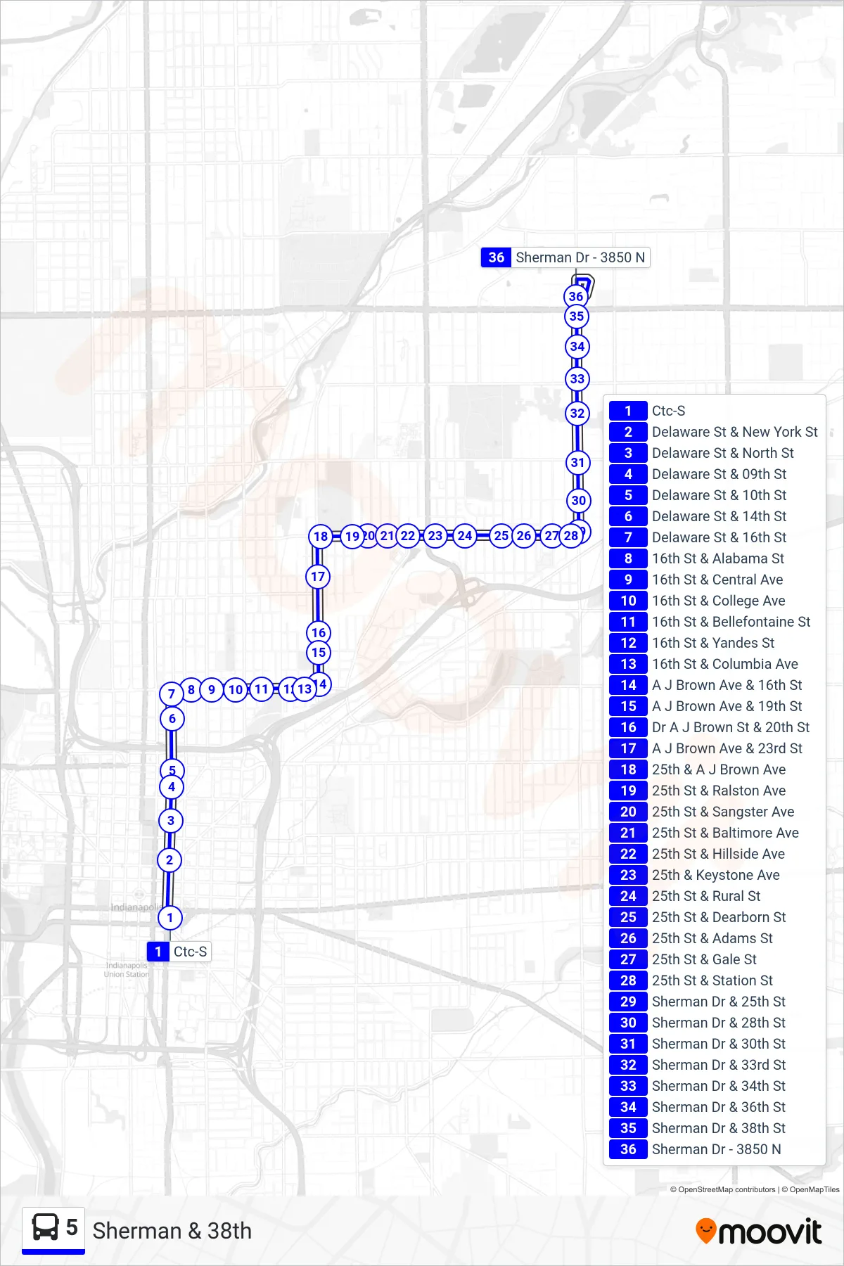 5 bus Line (Sherman & 38th) route and stops on a map