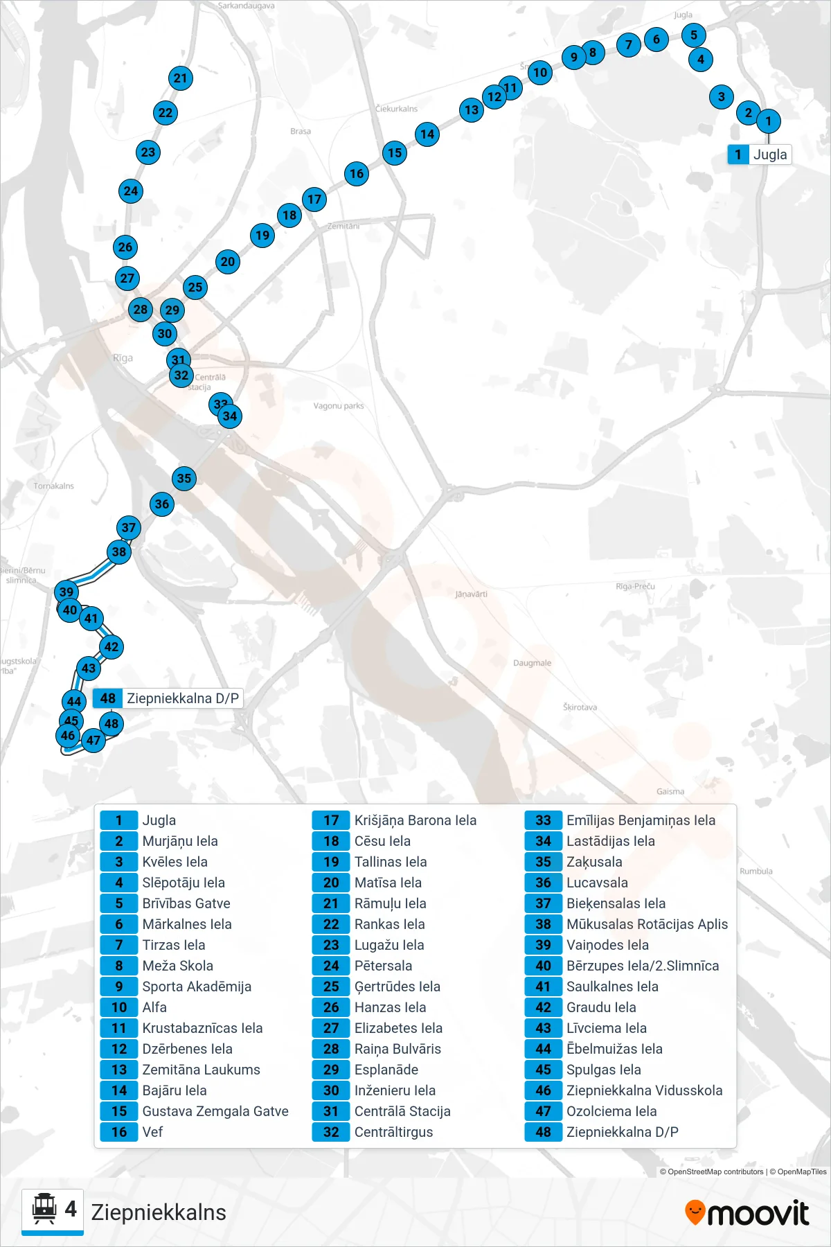 4 cable car Line (Ziepniekkalns) route and stops on a map