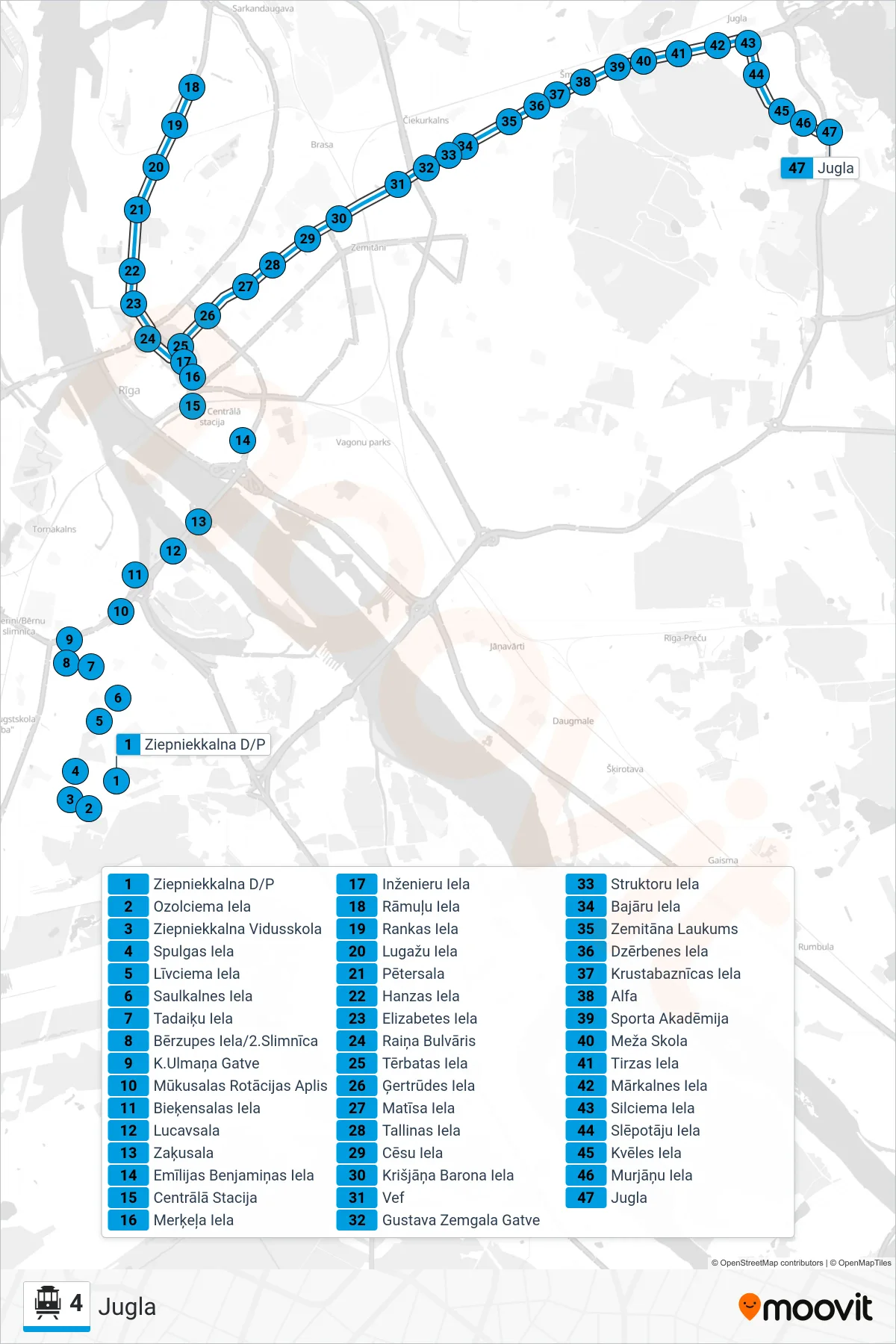 4 cable car Line (Jugla) route and stops on a map