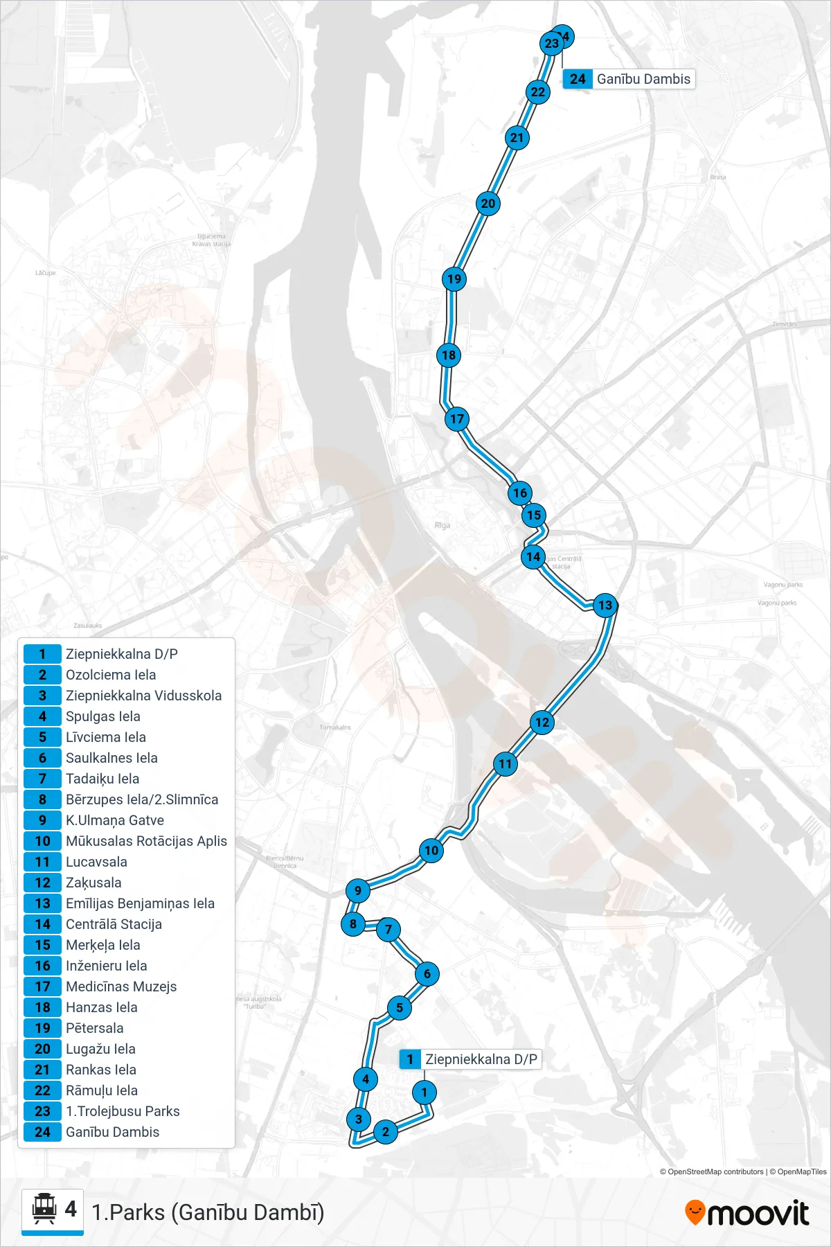 4 cable car Line (1.Parks (Ganību Dambī)) route and stops on a map