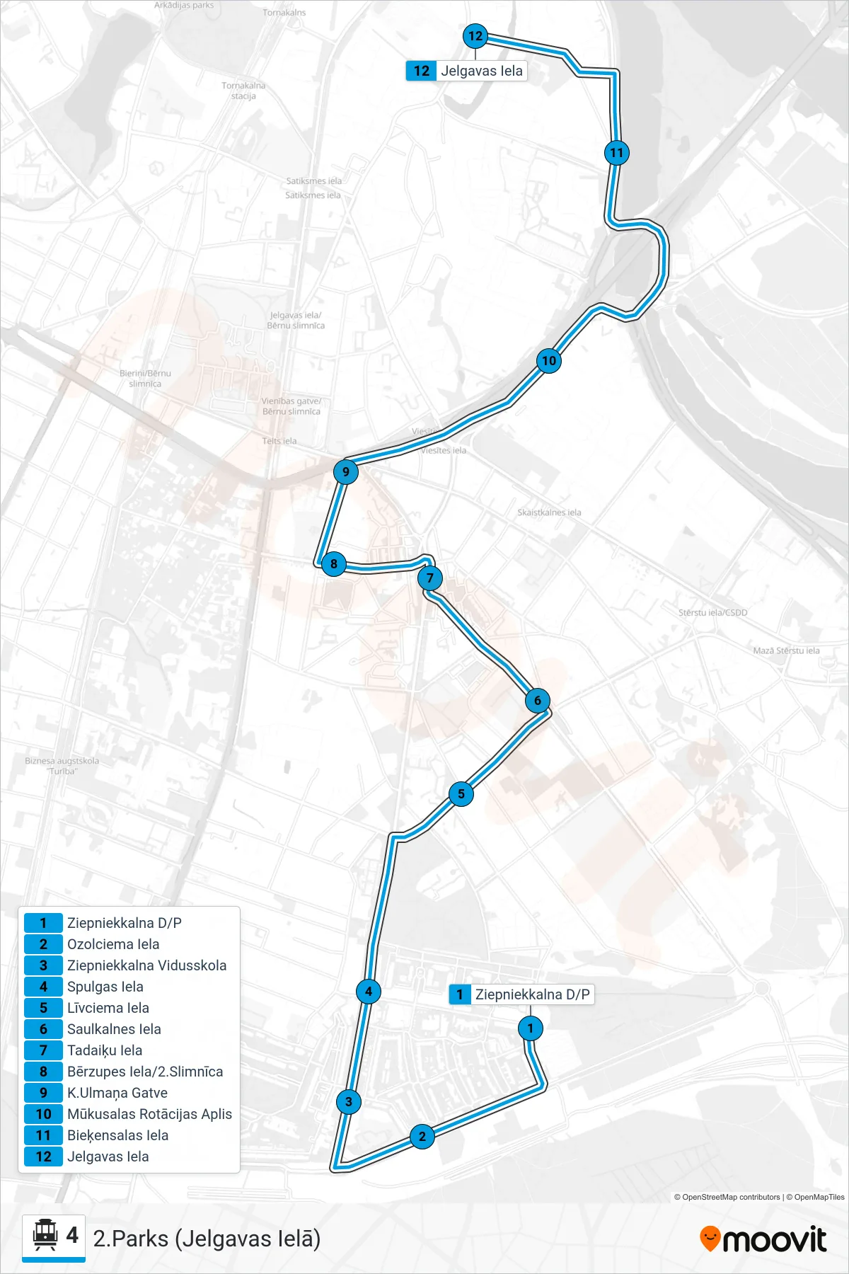 4 cable car Line (2.Parks (Jelgavas Ielā)) route and stops on a map