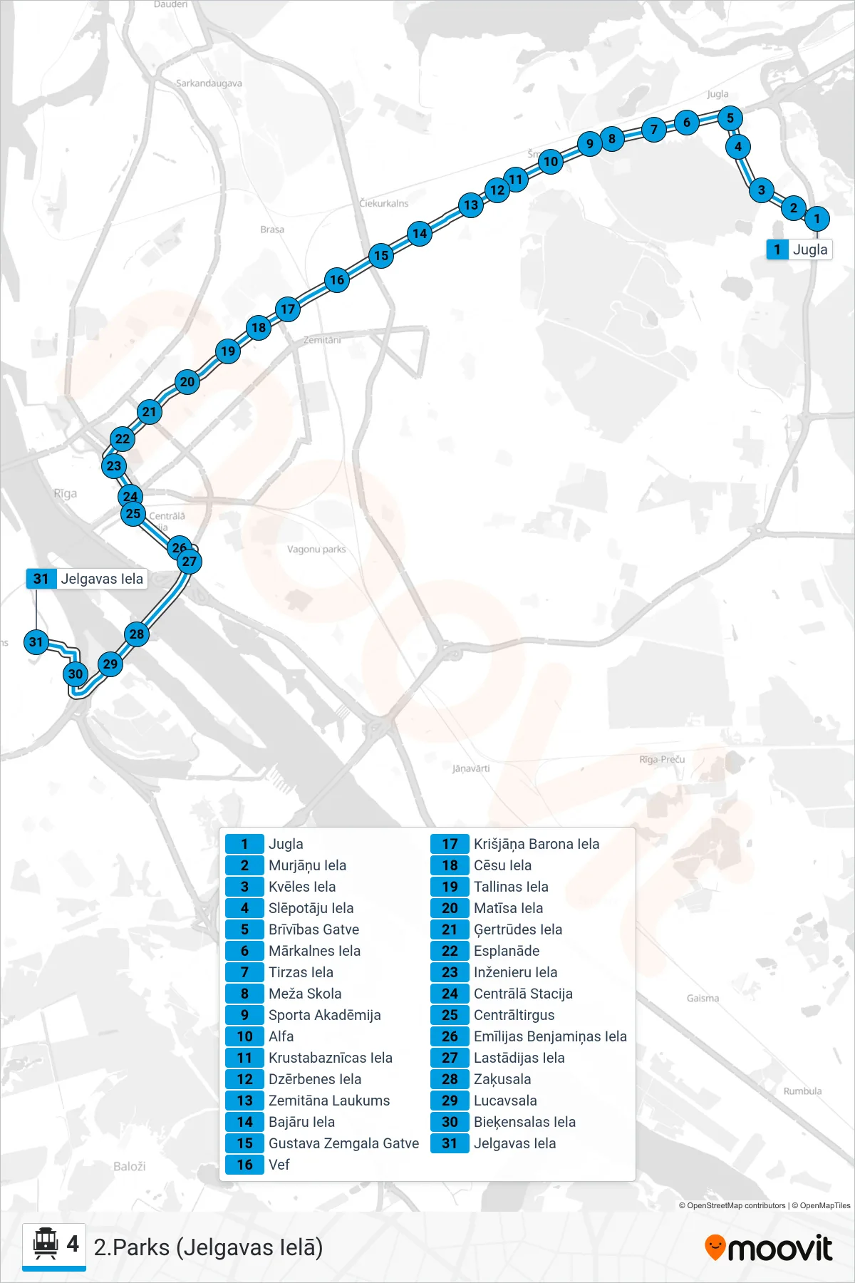 4 cable car Line (2.Parks (Jelgavas Ielā)) route and stops on a map