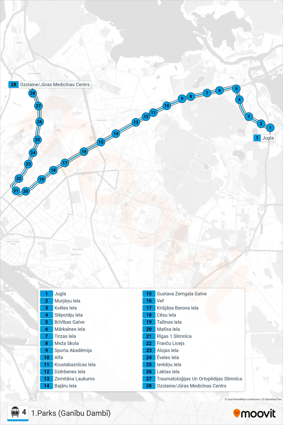 4 cable car Line (1.Parks (Ganību Dambī)) route and stops on a map