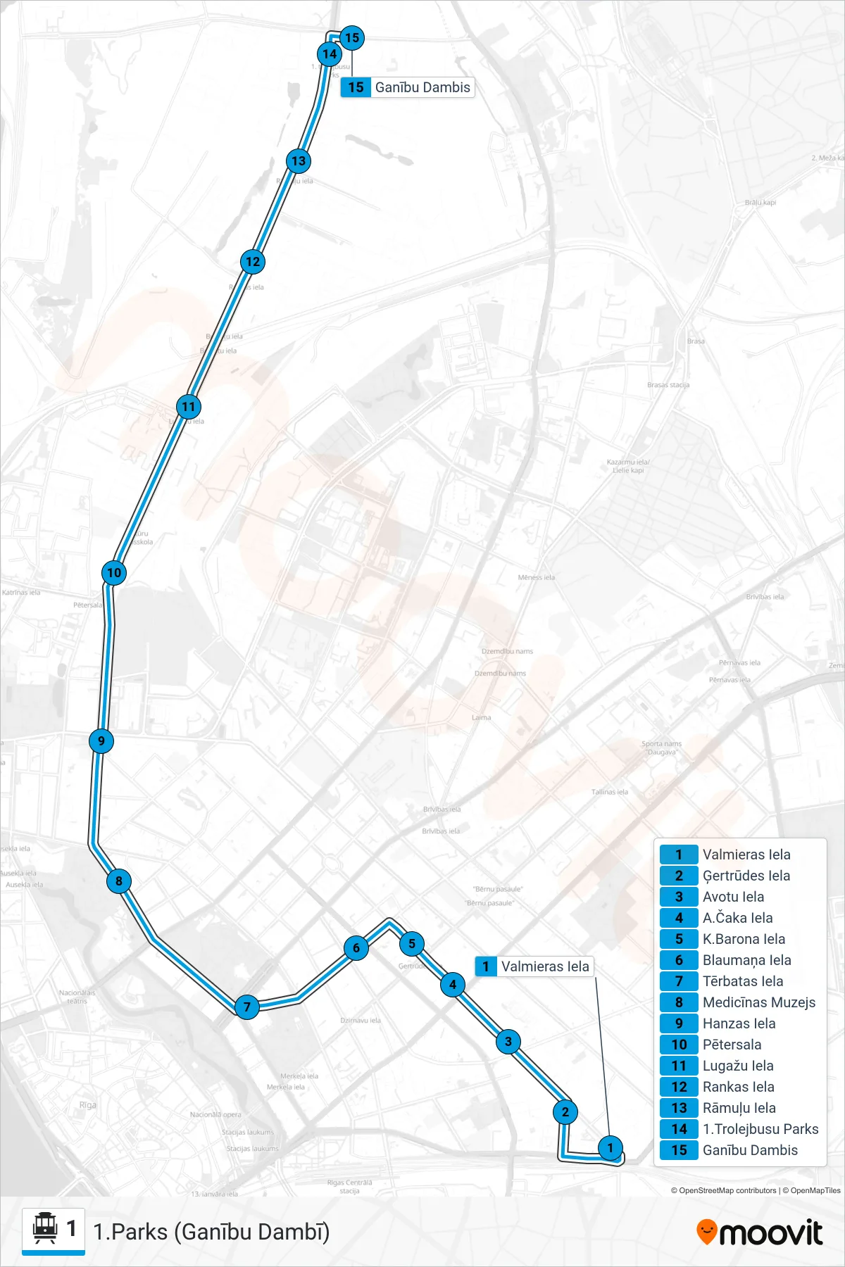 1 cable car Line (1.Parks (Ganību Dambī)) route and stops on a map