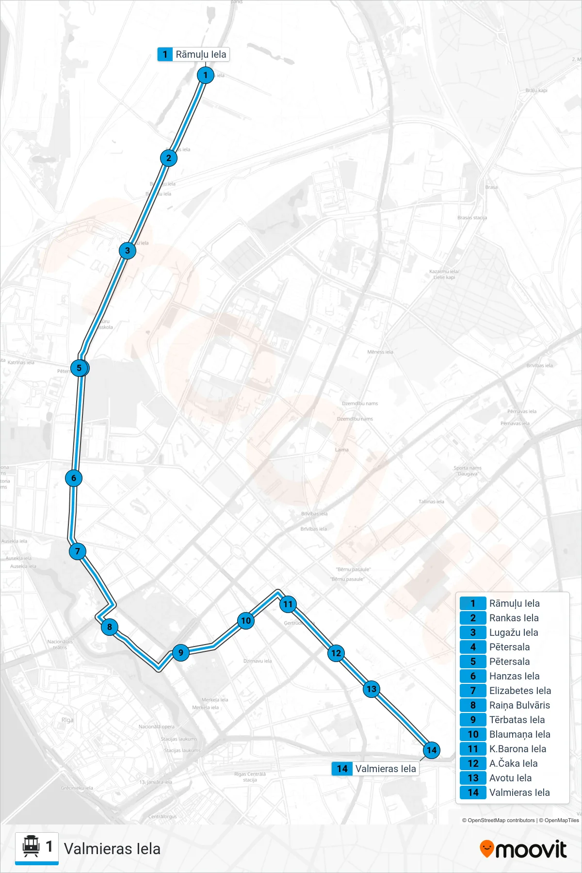 1 cable car Line (Valmieras Iela) route and stops on a map