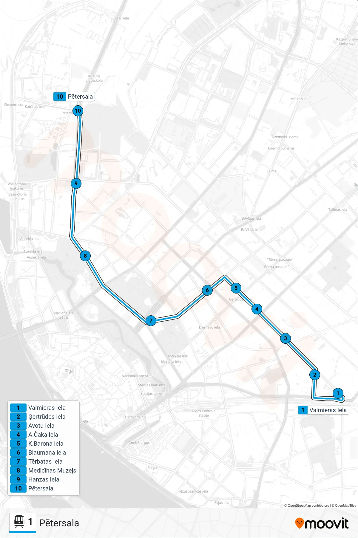 1 cable car Line (Pētersala) route and stops on a map