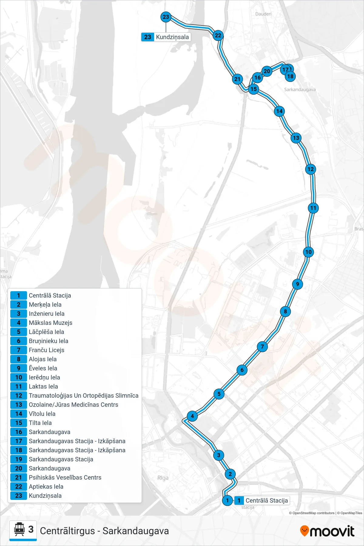 3 cable car Line (Kundziņsala) route and stops on a map