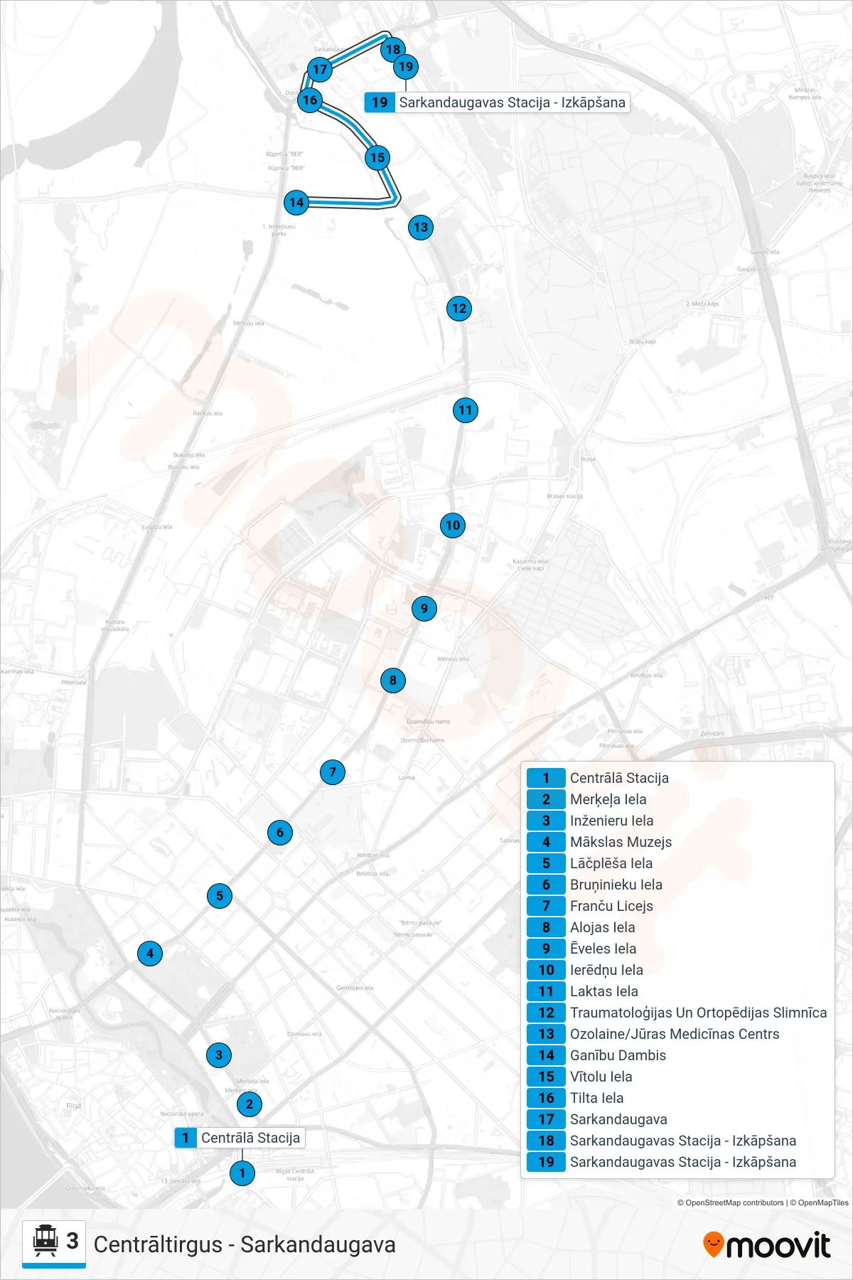 3 cable car Line (Sarkandaugava) route and stops on a map