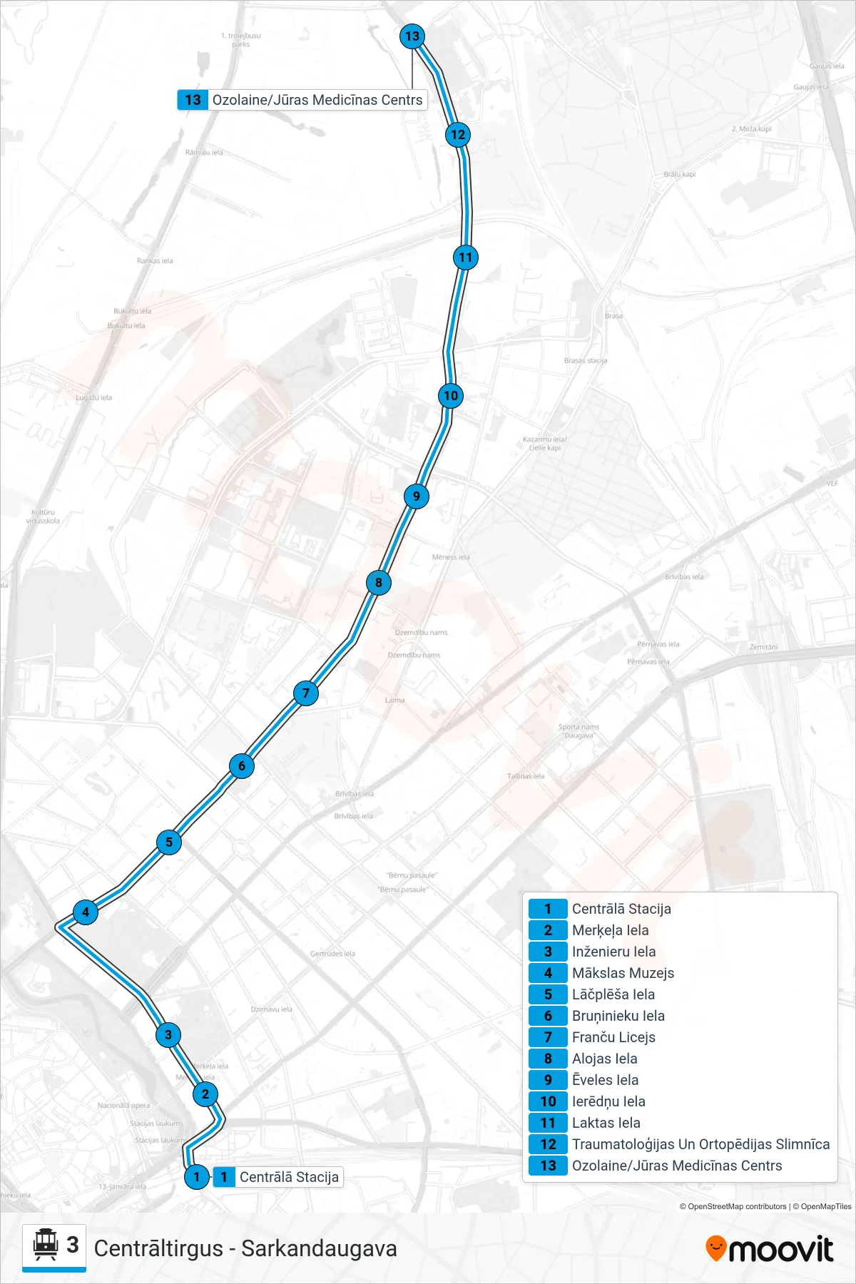 3 cable car Line (1.Parks (Ganību Dambī)) route and stops on a map