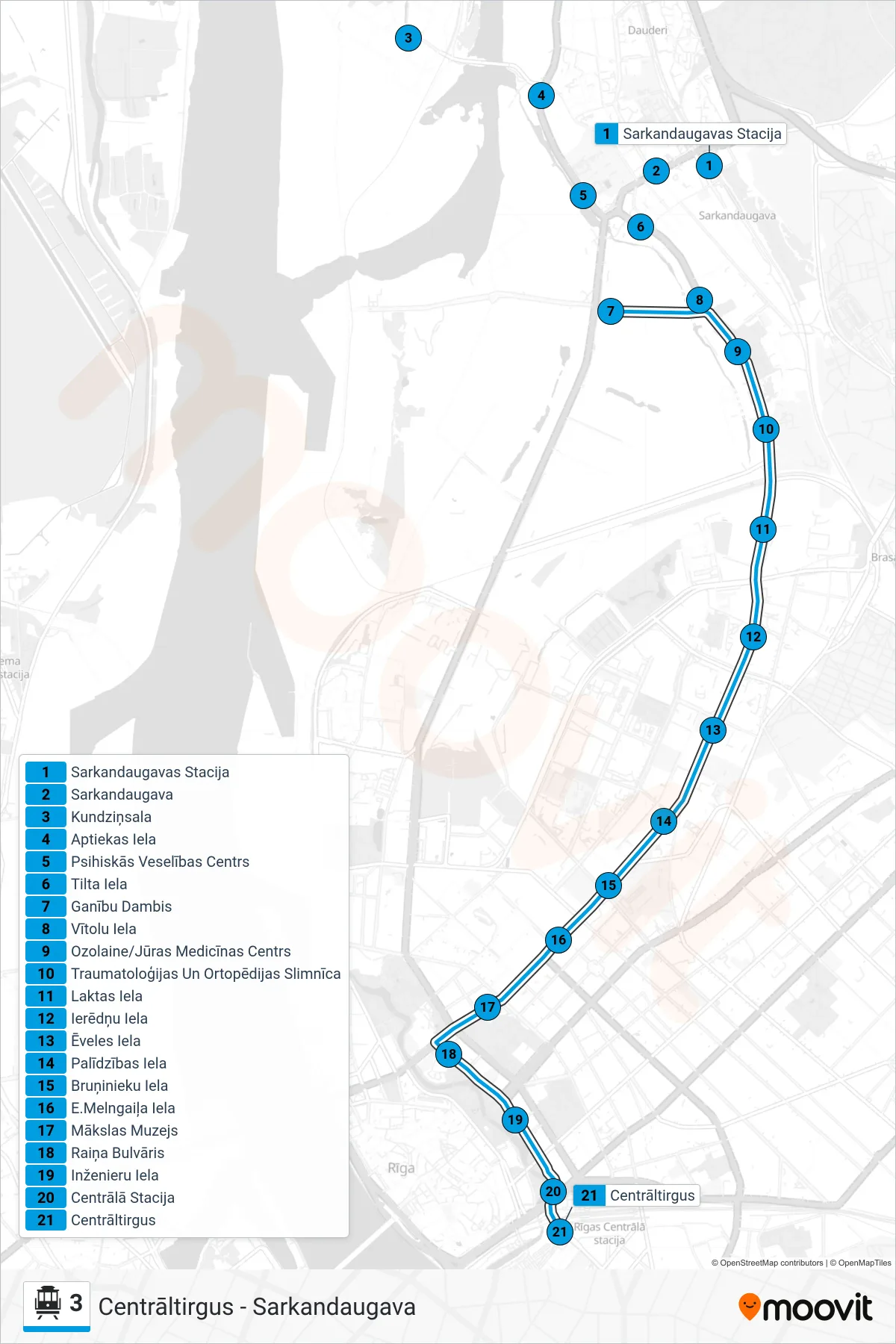 3 cable car Line (Centrāltirgus) route and stops on a map