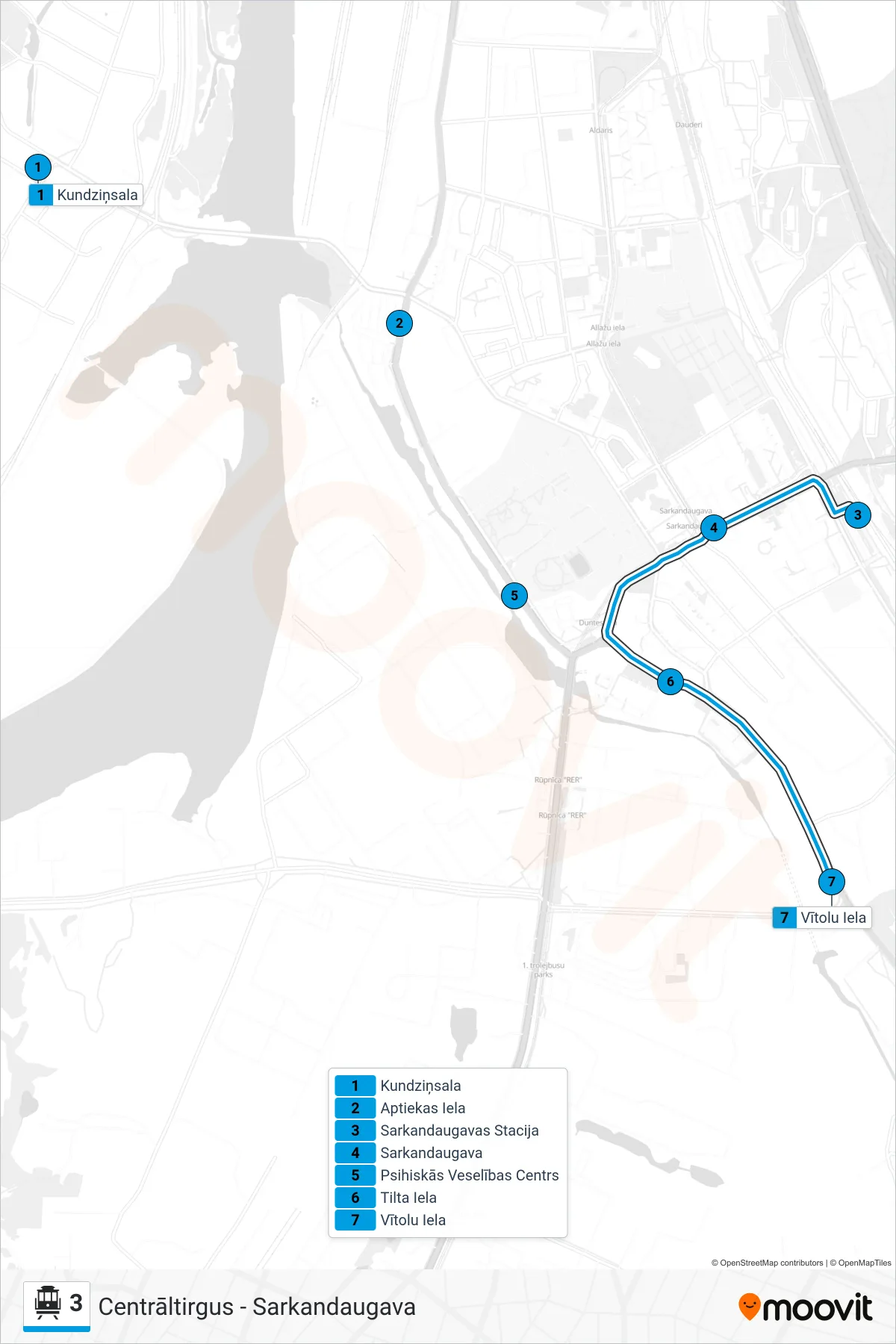 3 cable car Line (1.Parks (Ganību Dambī)) route and stops on a map