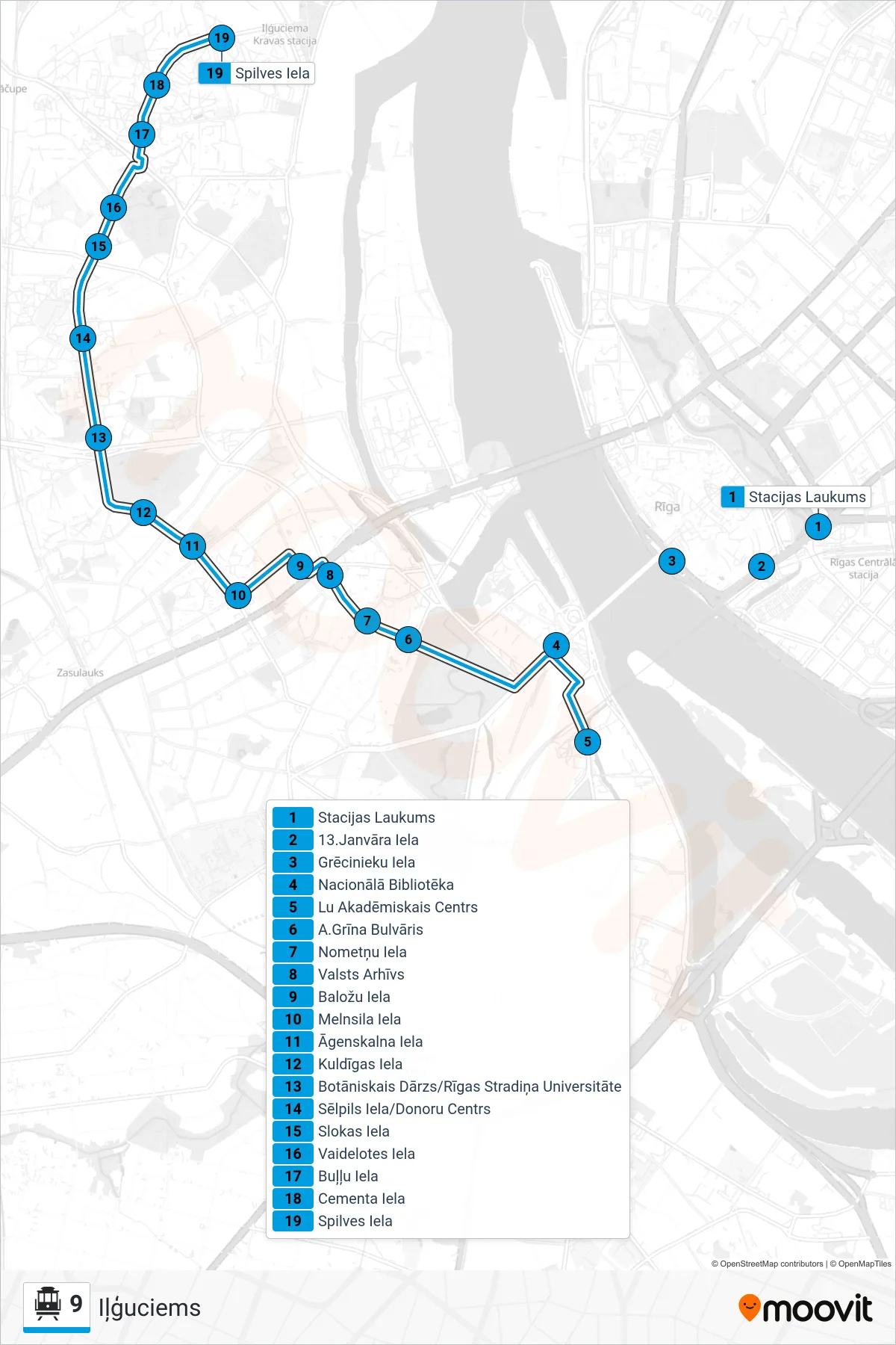 9 cable car Line (Iļģuciems) route and stops on a map