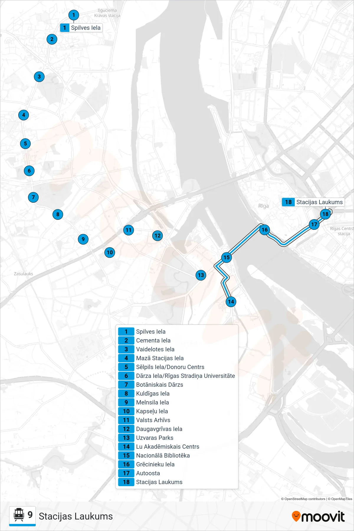 9 cable car Line (Stacijas Laukums) route and stops on a map