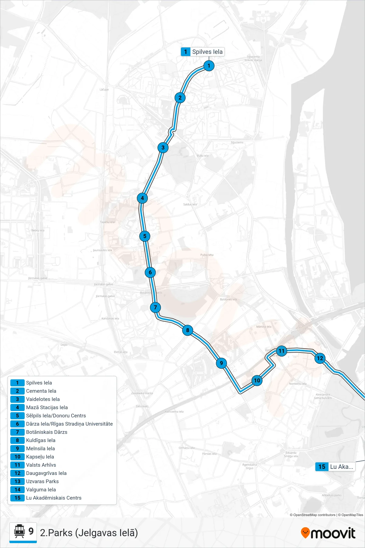 9 cable car Line (2.Parks (Jelgavas Ielā)) route and stops on a map