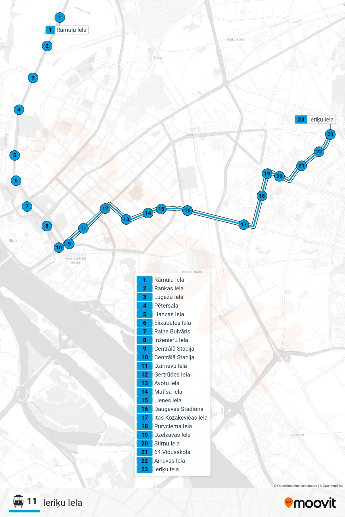 11 cable car Line (Ieriķu Iela) route and stops on a map